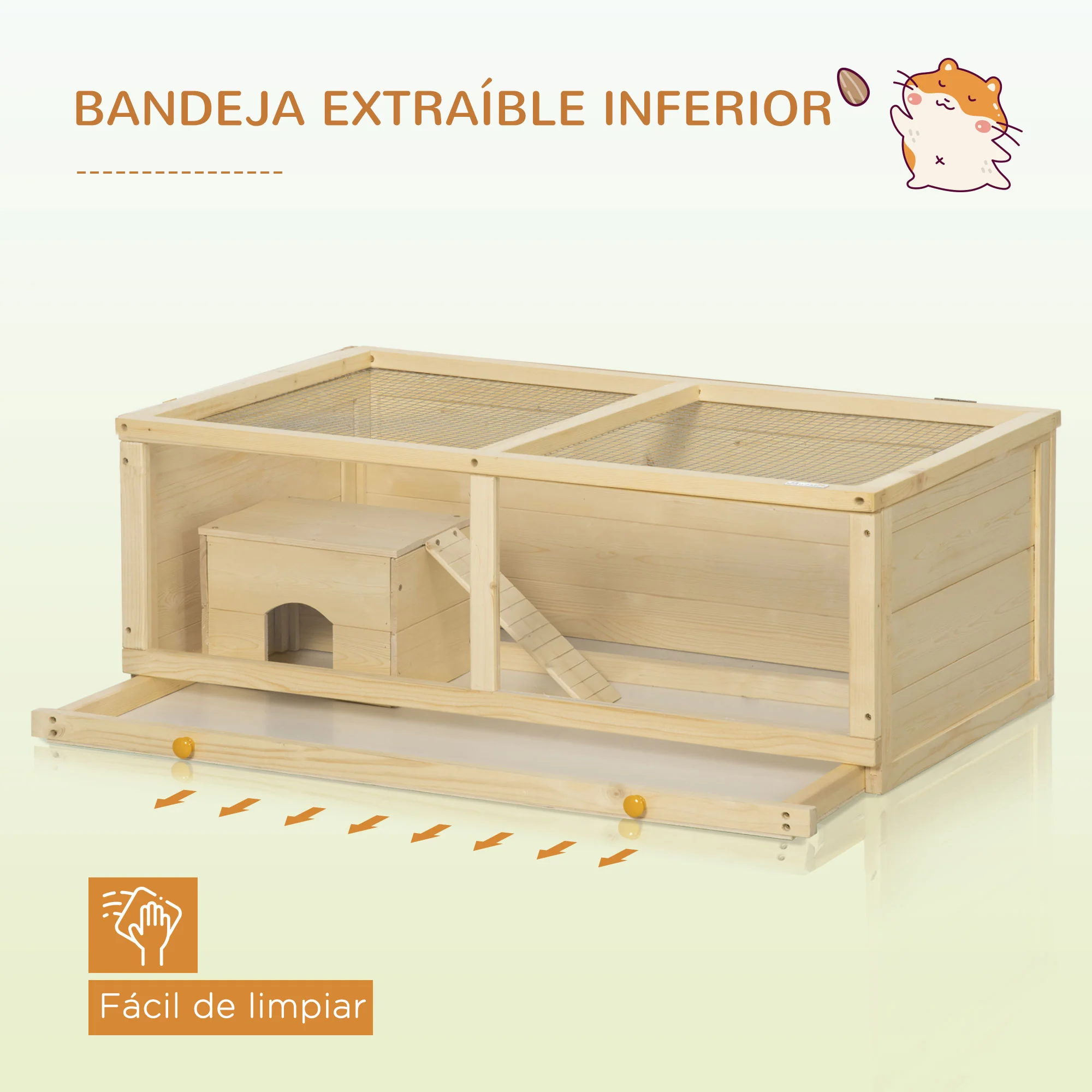 Pawhut Jaula Para Hámster De Madera 100x58x38 Cm Con Tapa Abatible Natural - Image 6