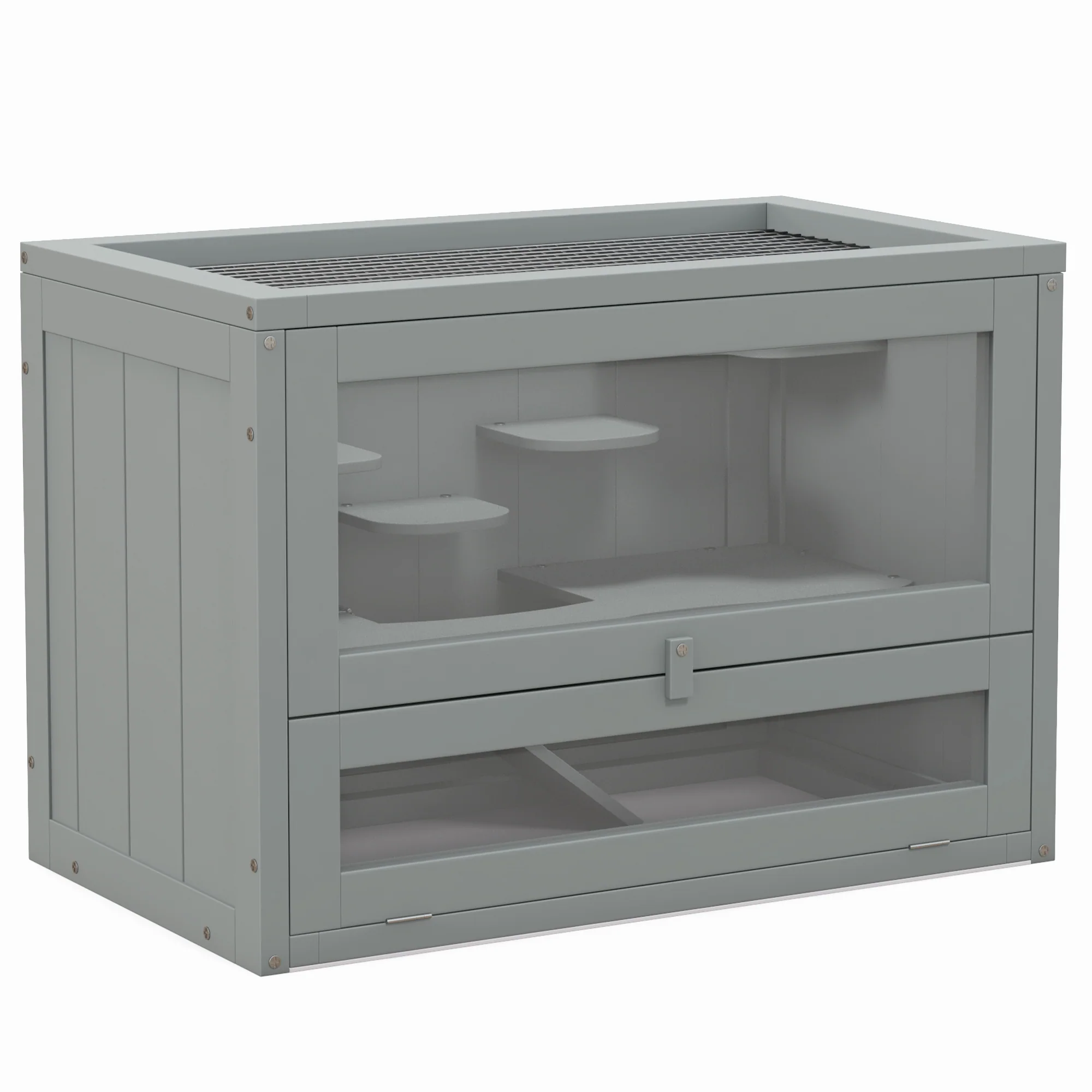 Pawhut Jaula Para Hámster De Madera Con Plataformas Escaleras 60x35x42 Cm Gris
