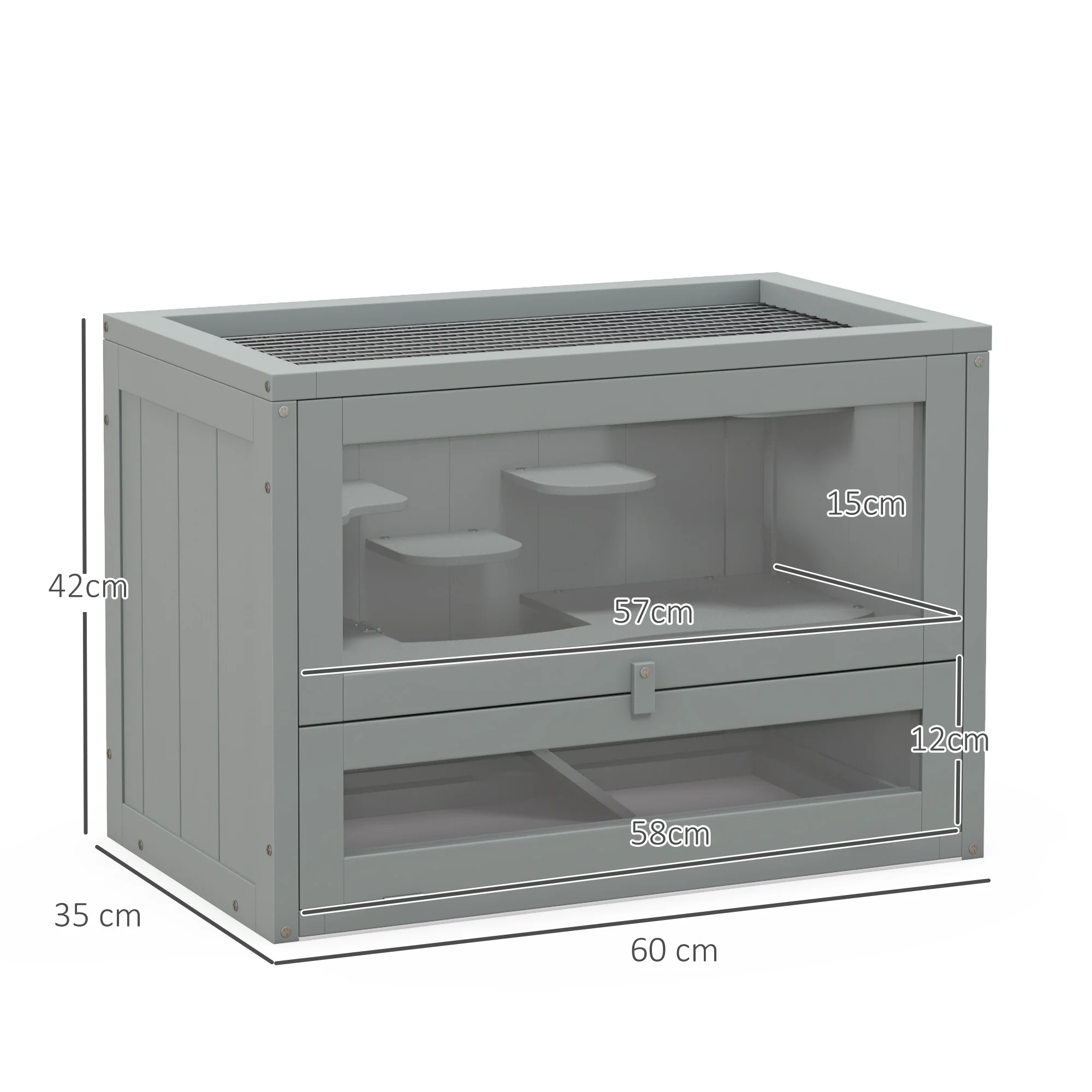 Pawhut Jaula Para Hámster De Madera Con Plataformas Escaleras 60x35x42 Cm Gris - Image 3
