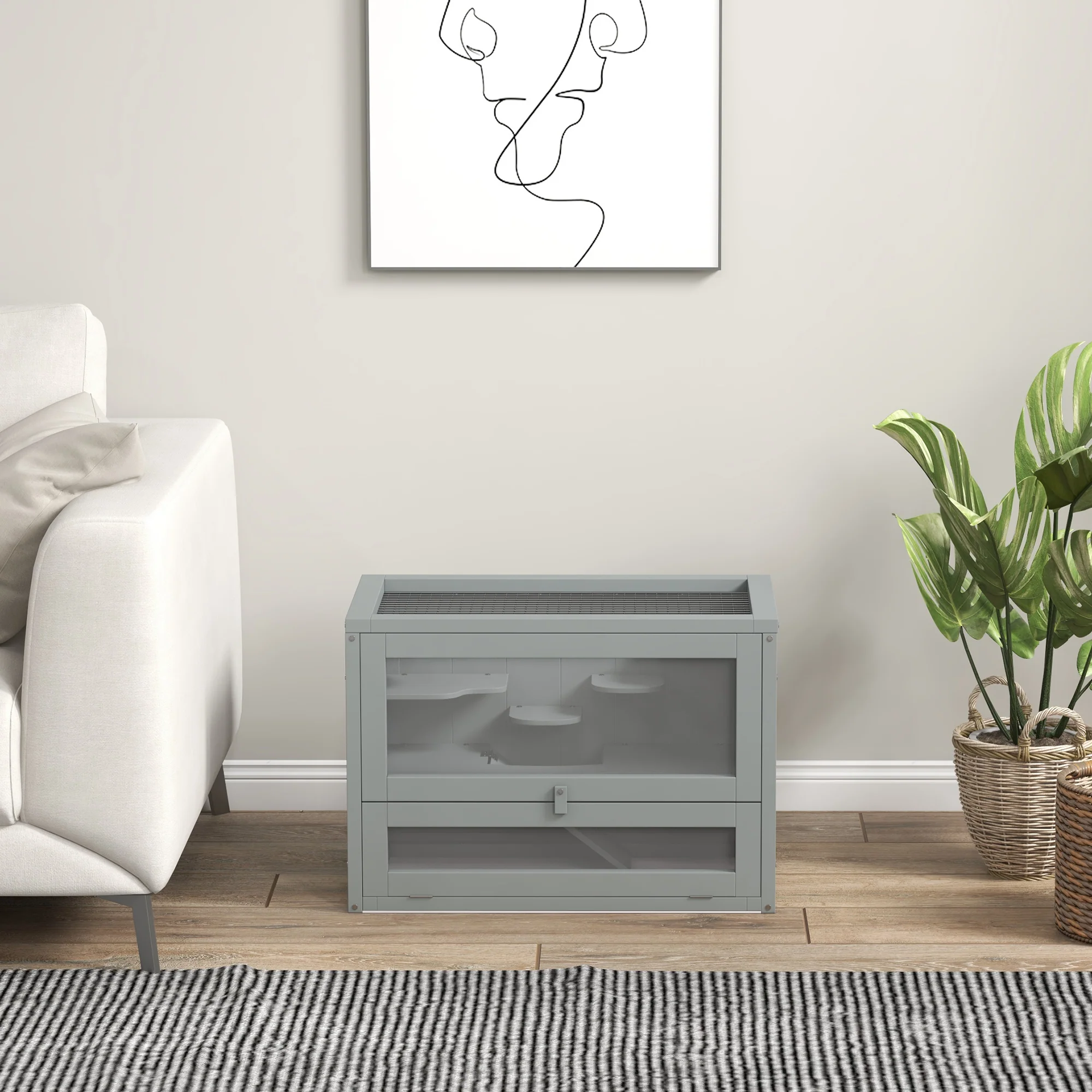 Pawhut Jaula Para Hámster De Madera Con Plataformas Escaleras 60x35x42 Cm Gris - Image 5