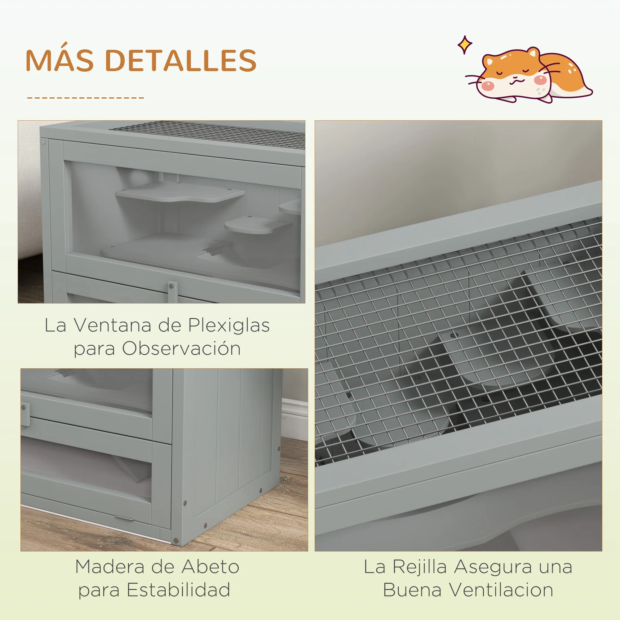Pawhut Jaula Para Hámster De Madera Con Plataformas Escaleras 60x35x42 Cm Gris - Image 6