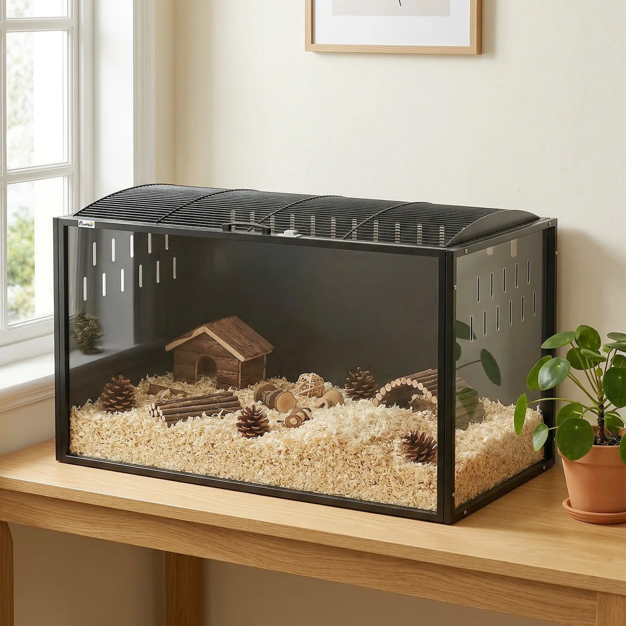 Pawhut Jaula Para Hámster Grande 105x51x53 Cm Con Tapa Ventilada Abatible Negro - Image 2