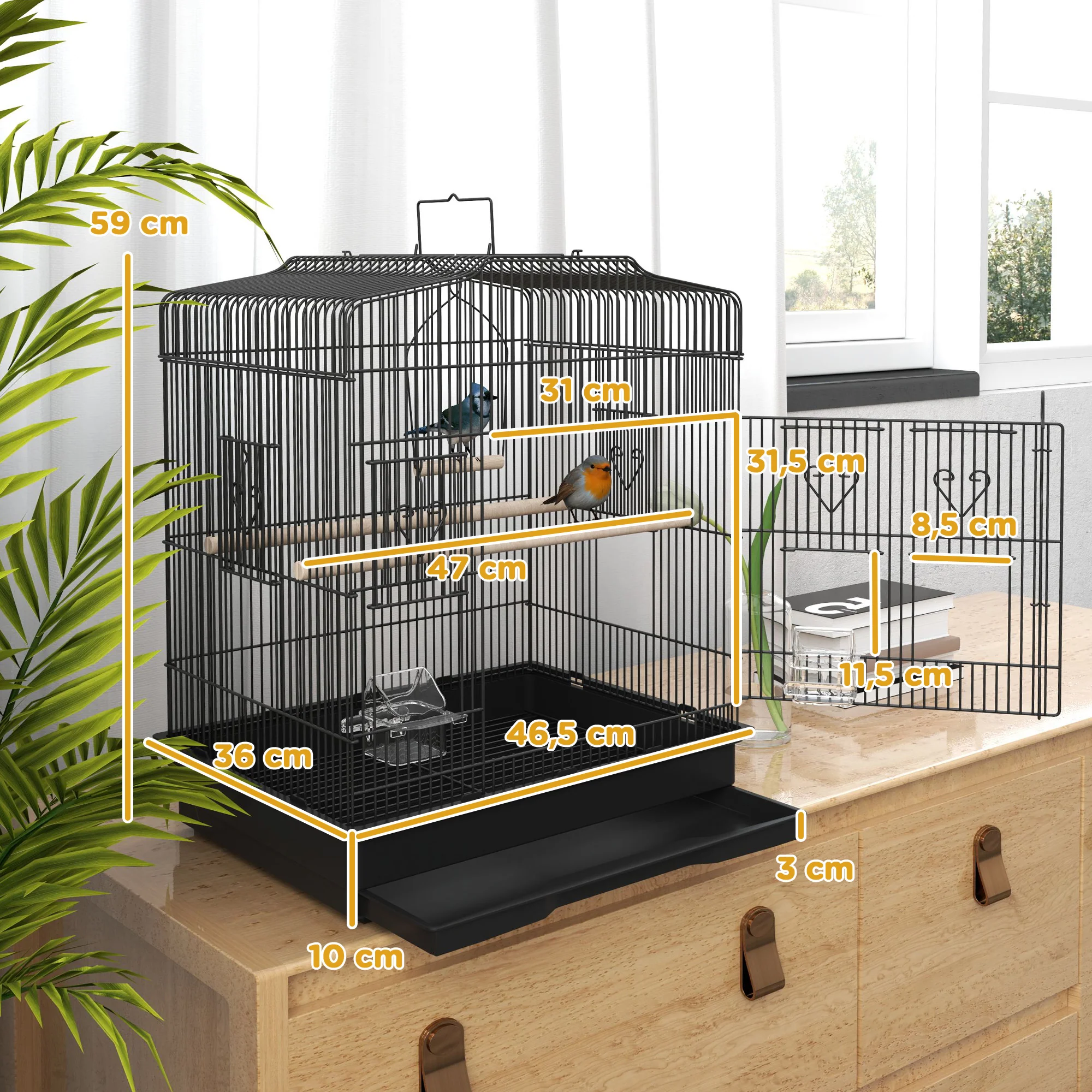 Pawhut Jaula Para Pájaros 46,5x36x59 Cm Con Puertas Y Bandeja Extraíble Negro - Image 3