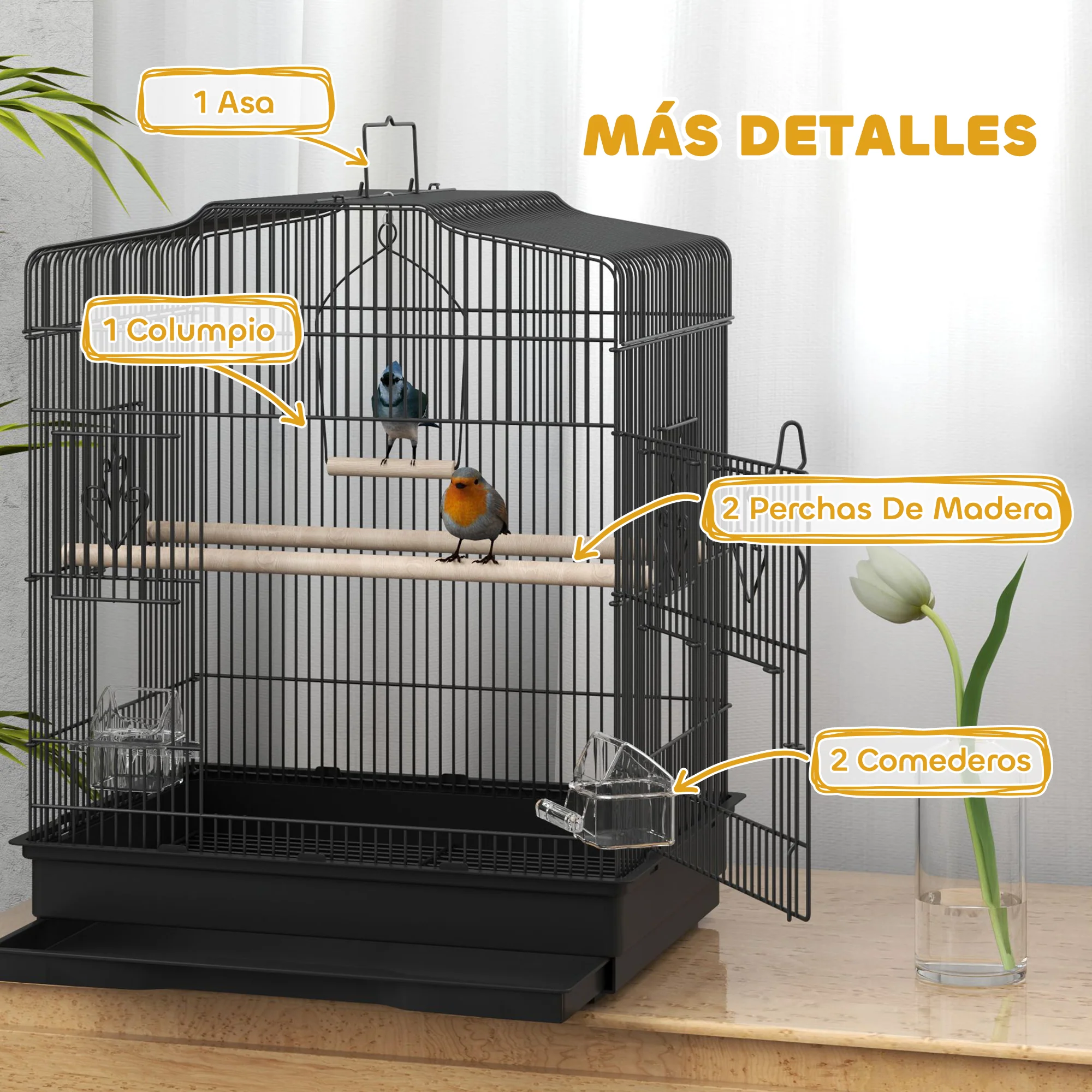 Pawhut Jaula Para Pájaros 46,5x36x59 Cm Con Puertas Y Bandeja Extraíble Negro - Image 6
