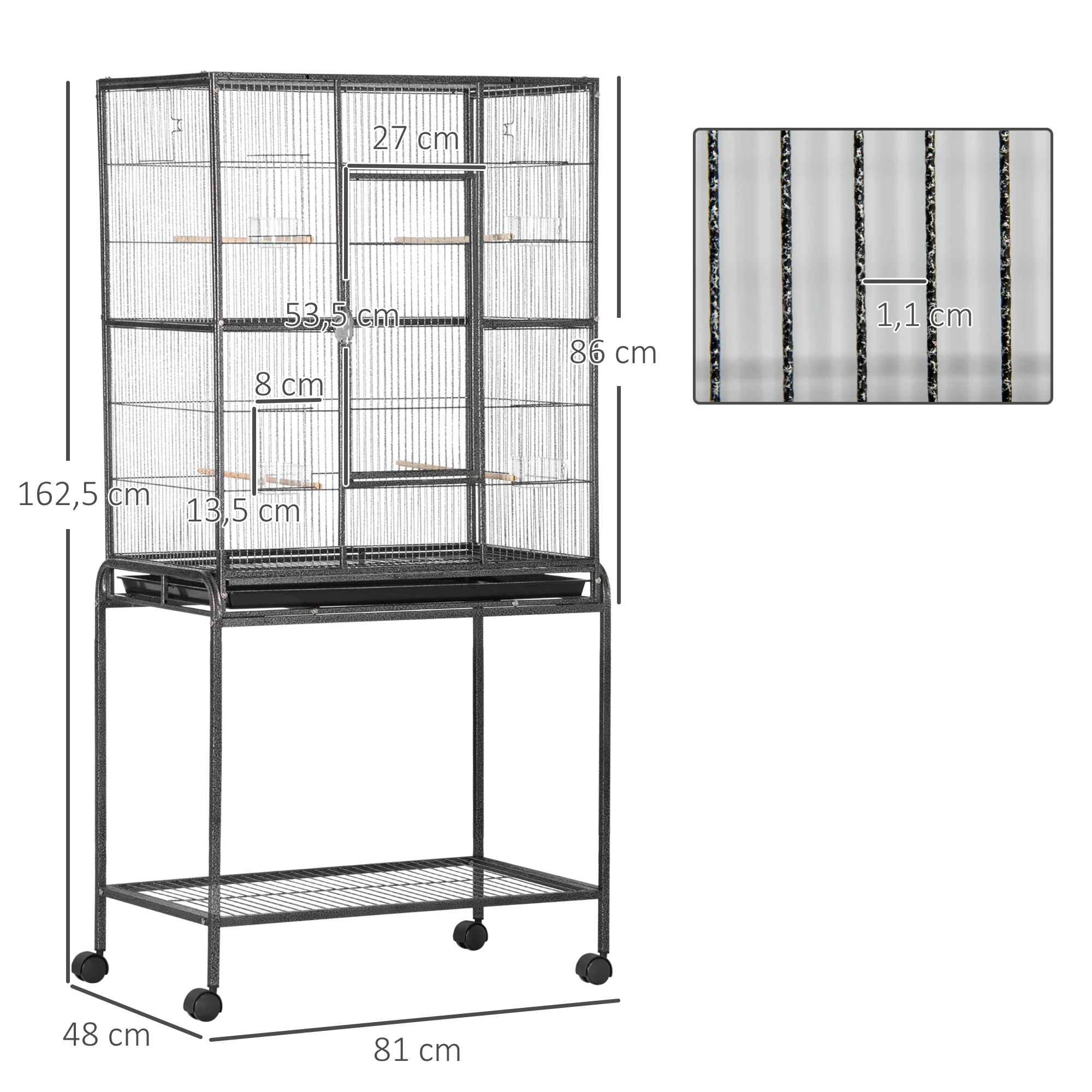 Pawhut Jaula Para Pájaros Con 4 Comederos Ruedas 81x48x162,5 Cm Negro Y Gris - Image 3