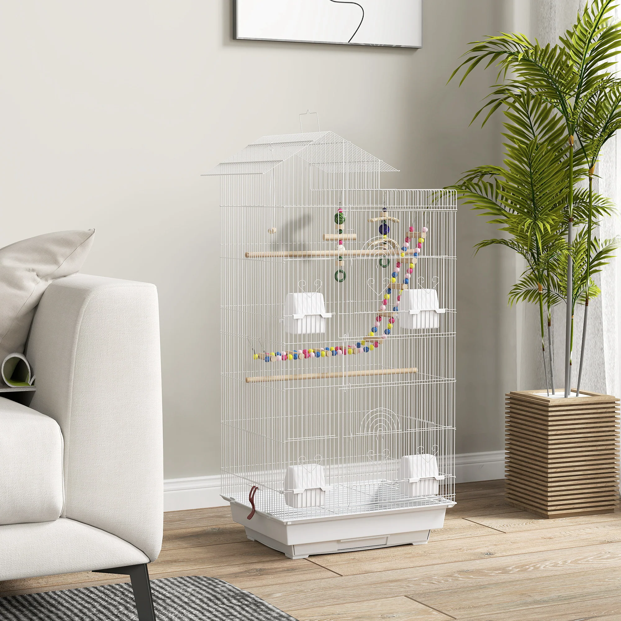 Pawhut Jaula Para Pájaros Con Puertas 4 Comederos Columpio 46x36x100 Cm Blanco - Image 2