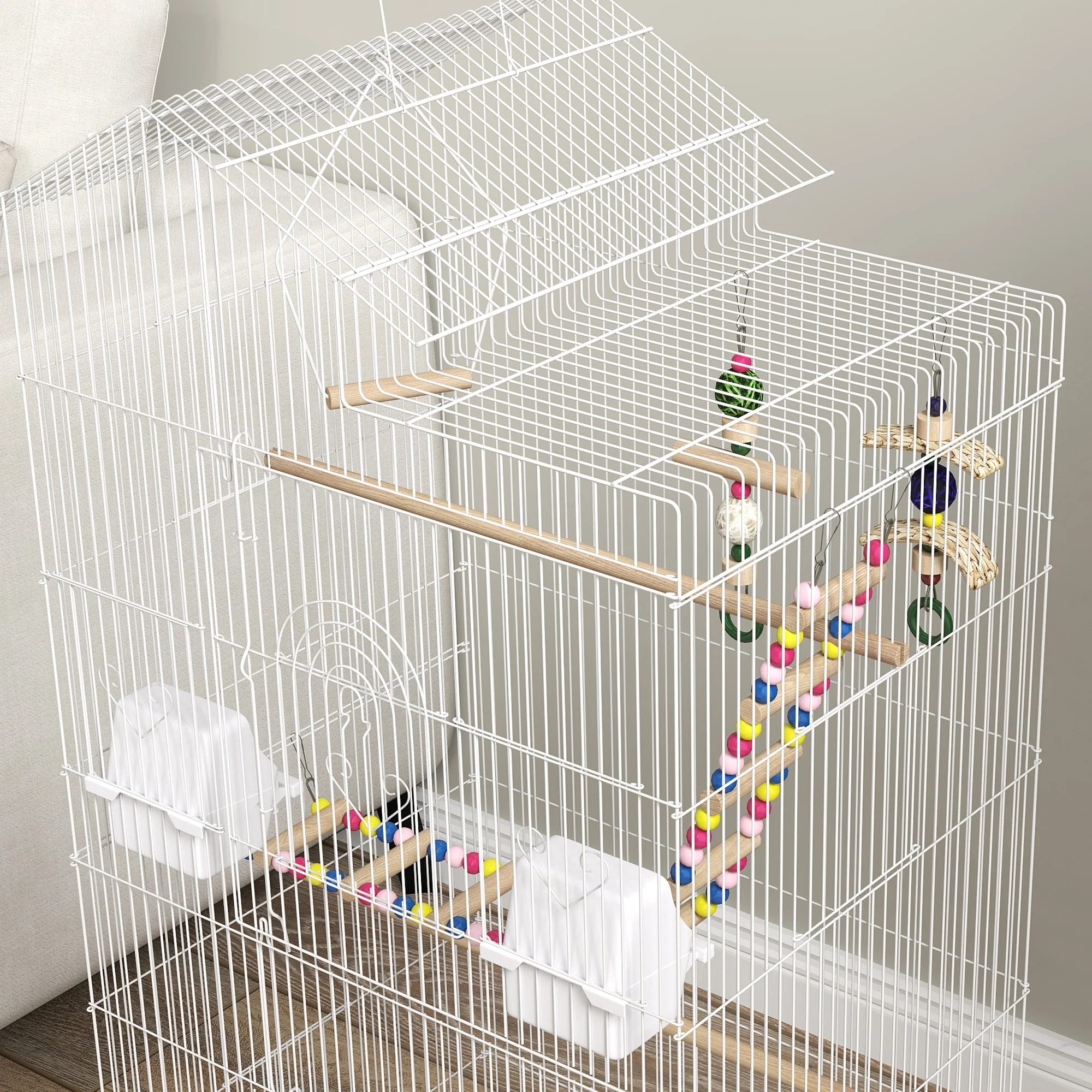 Pawhut Jaula Para Pájaros Con Puertas 4 Comederos Columpio 46x36x100 Cm Blanco - Image 4