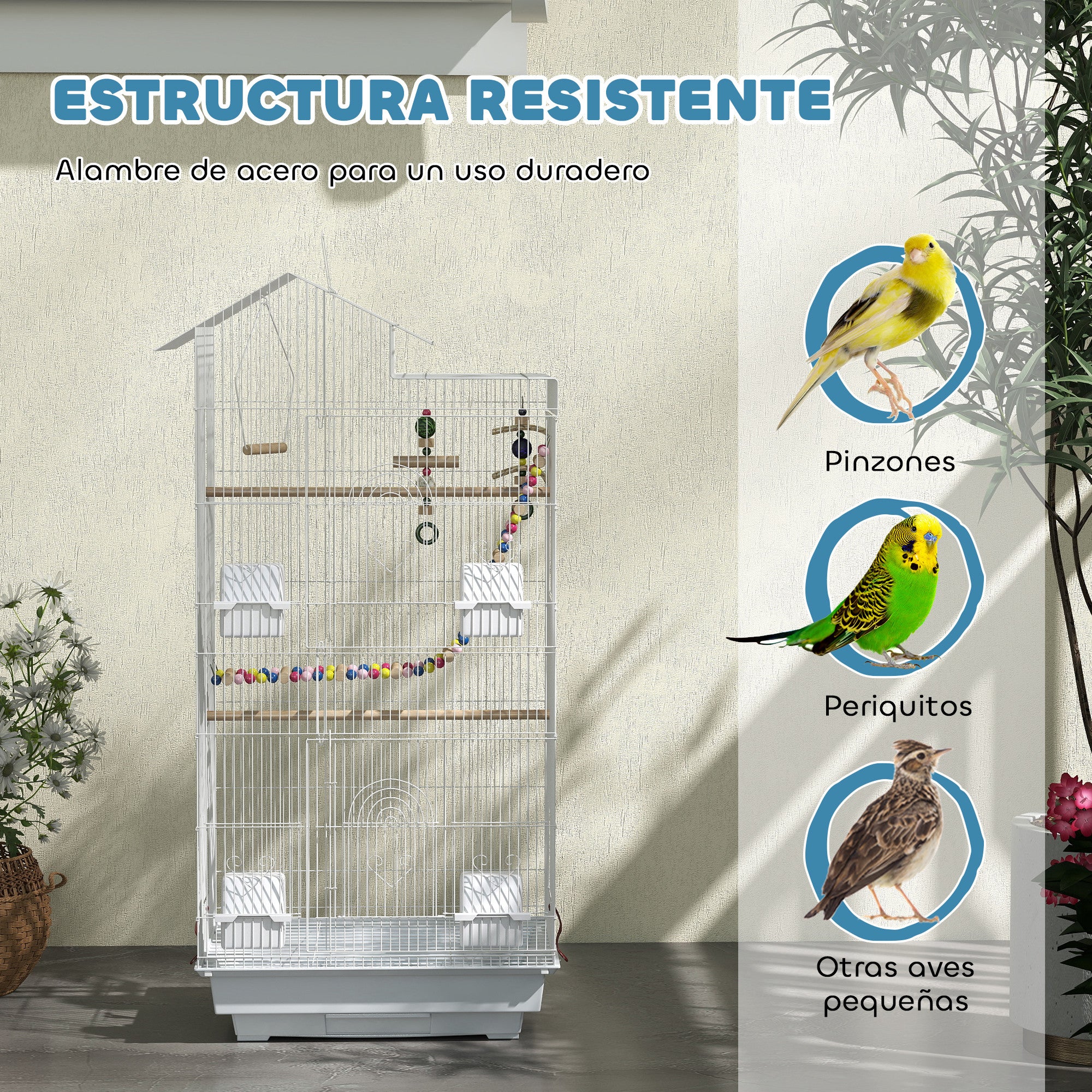 Pawhut Jaula Para Pájaros Con Puertas 4 Comederos Columpio 46x36x100 Cm Blanco - Image 6
