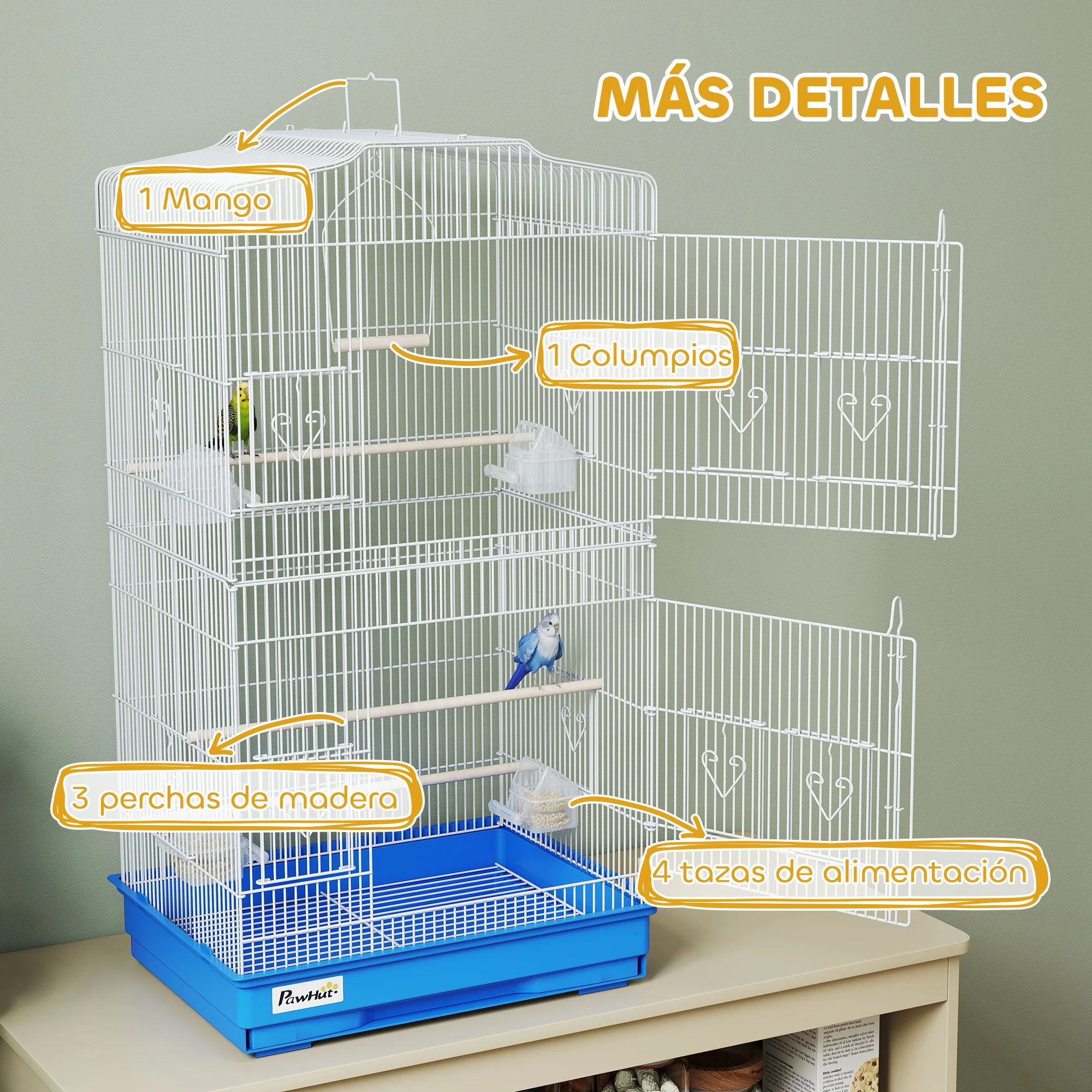 Pawhut Jaula Para Pájaros Con Puertas Comederos Y Bandeja 46,5x35,5x92 Cm Azul - Image 6
