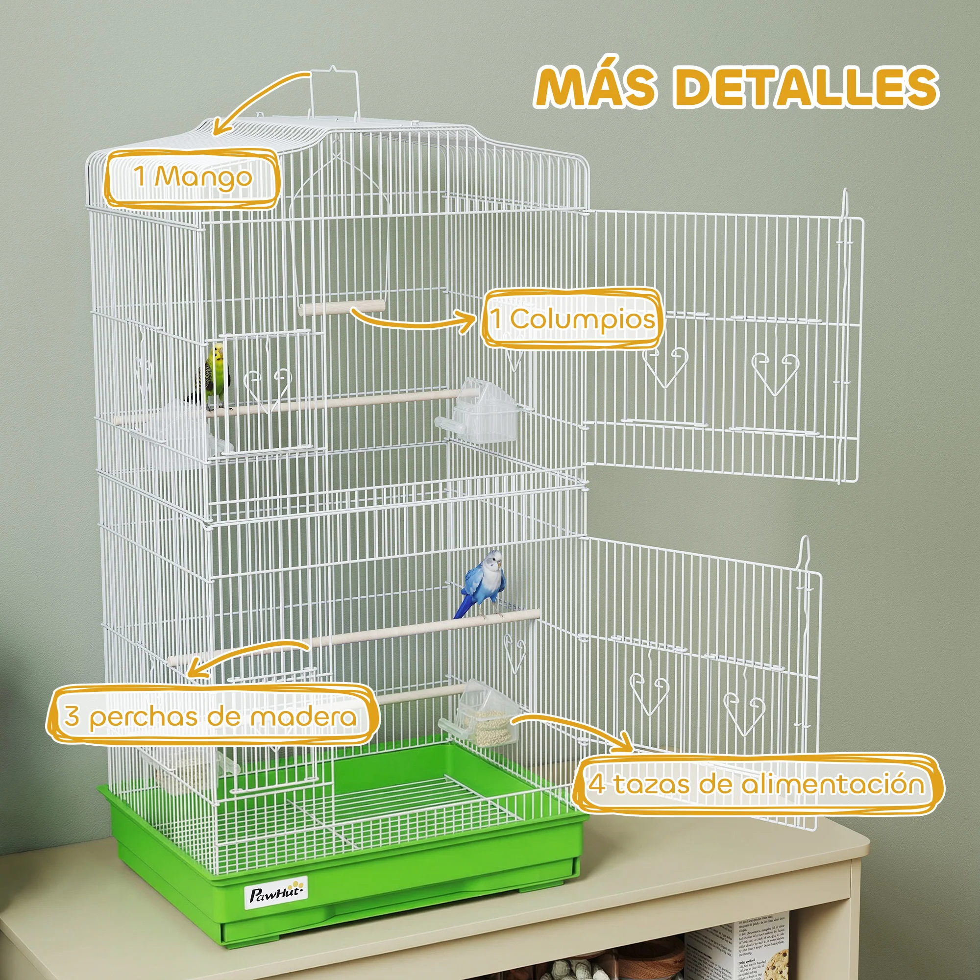 Pawhut Jaula Para Pájaros Con Puertas Comederos Y Bandeja 46,5x35,5x92 Cm Verde - Image 6