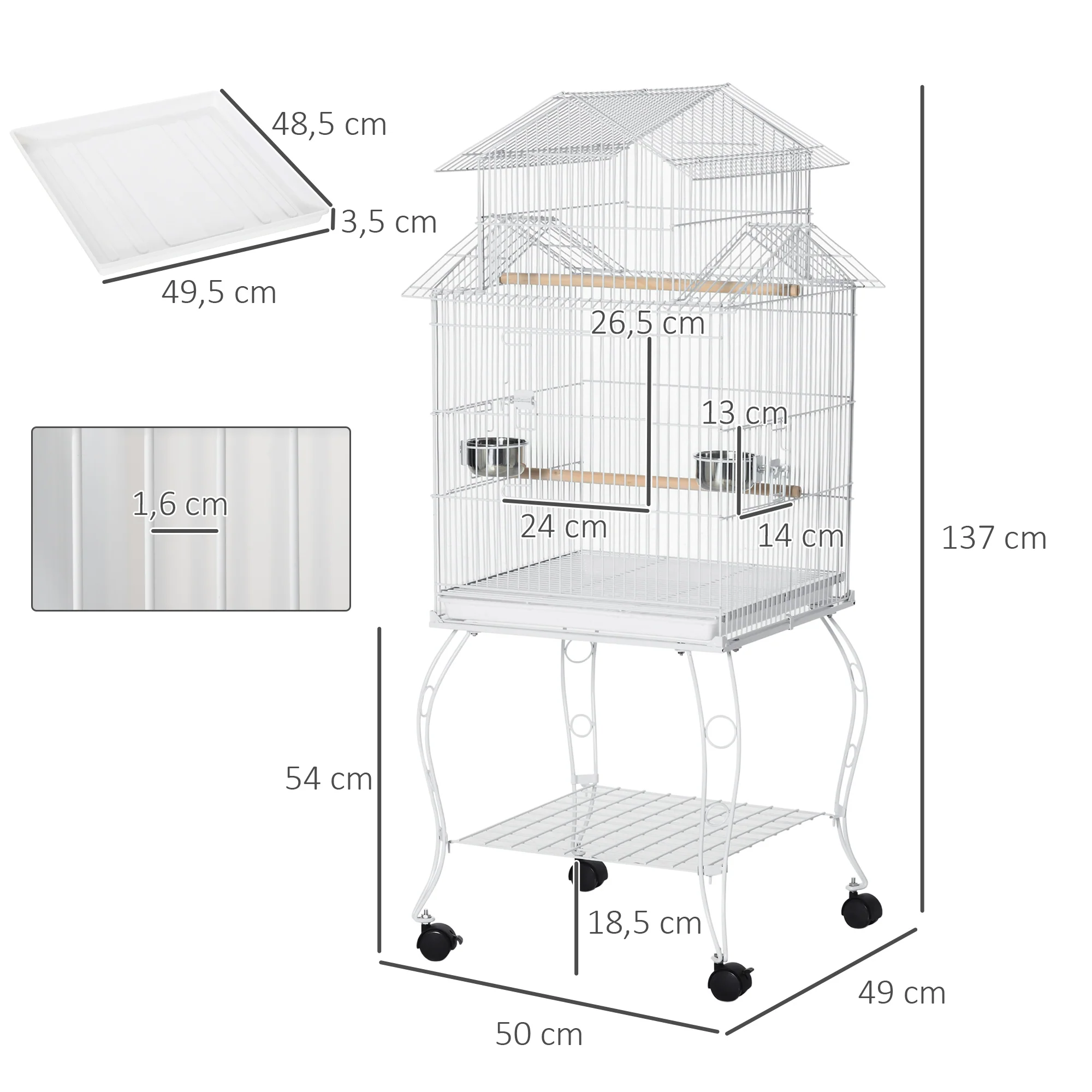 Pawhut Jaula Para Pájaros Con Ruedas 50x49x137cm Con Bandeja Extraíble Comederos - Image 3