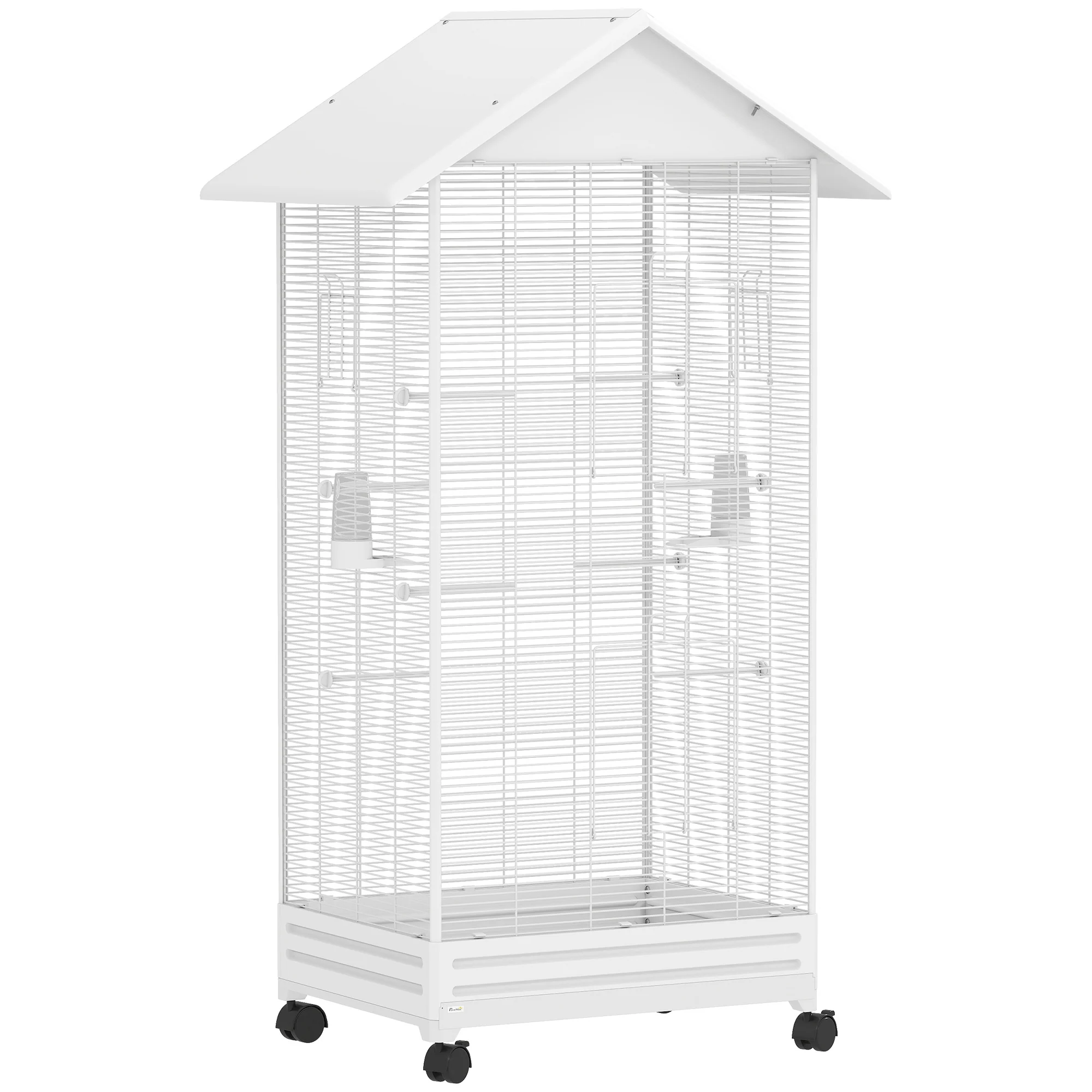 Pawhut Jaula Para Pájaros Con Ruedas 79x65x155 Cm 2 Comederos 8 Perchas Blanco