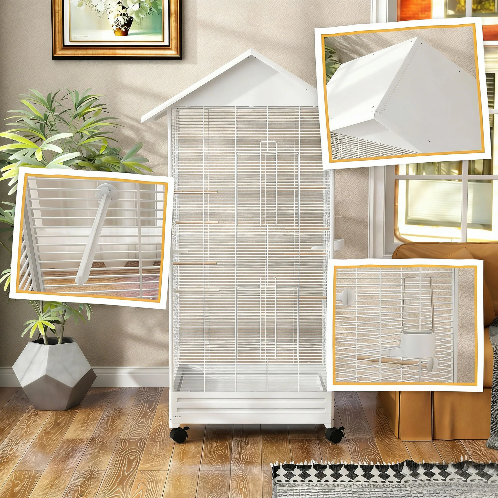 Pawhut Jaula Para Pájaros Con Ruedas 79x65x155 Cm 2 Comederos 8 Perchas Blanco - Image 4