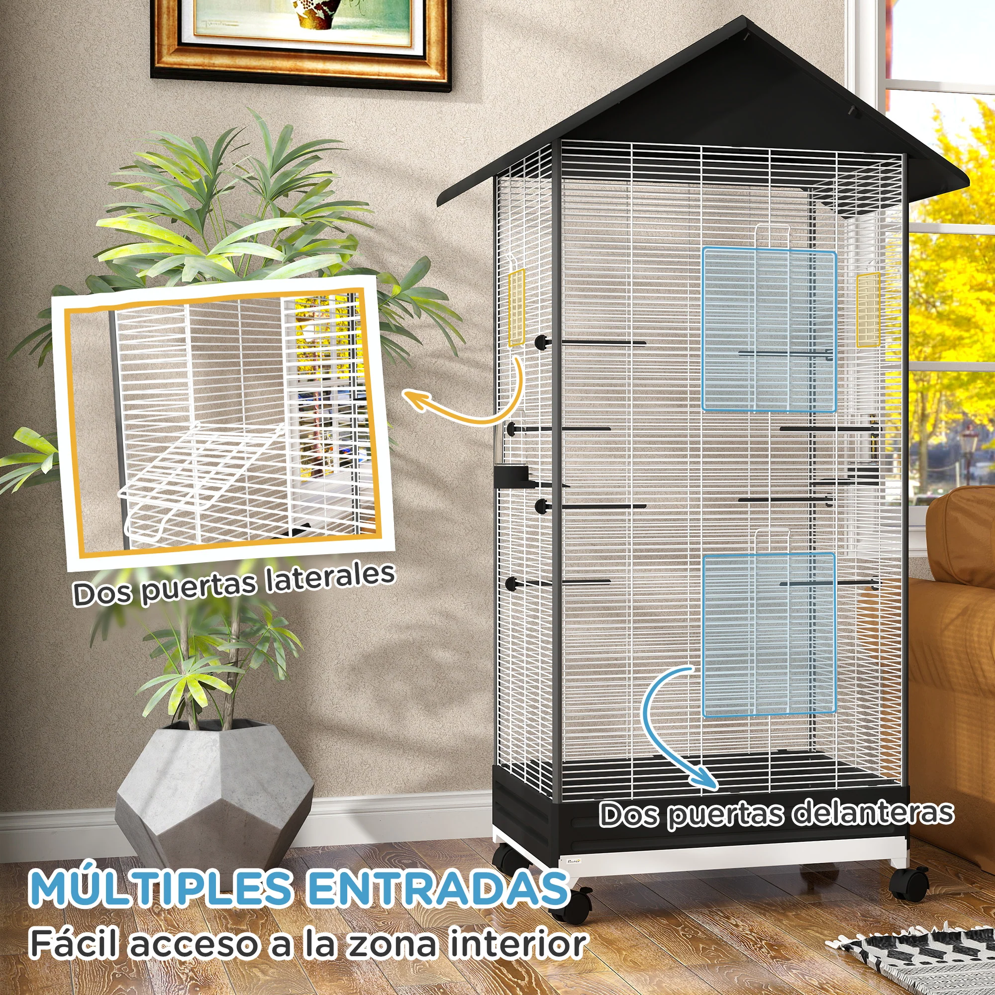 Pawhut Jaula Para Pájaros Con Ruedas Bandeja Extraíble 79x65x155 Cm Negro - Image 6