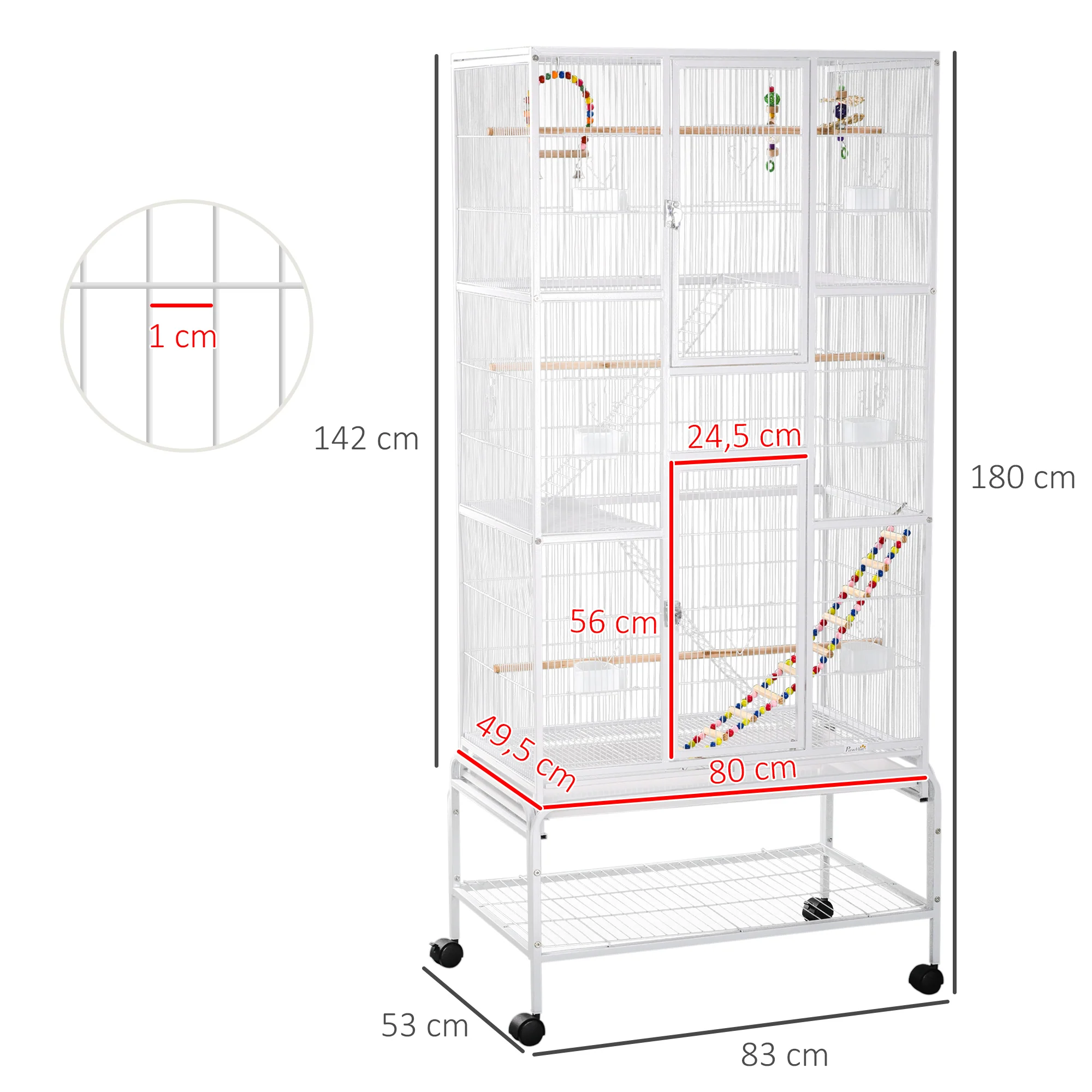 Pawhut Jaula Para Pájaros Con Ruedas Comederos Perchas 83x53x180 Cm Blanco - Image 3