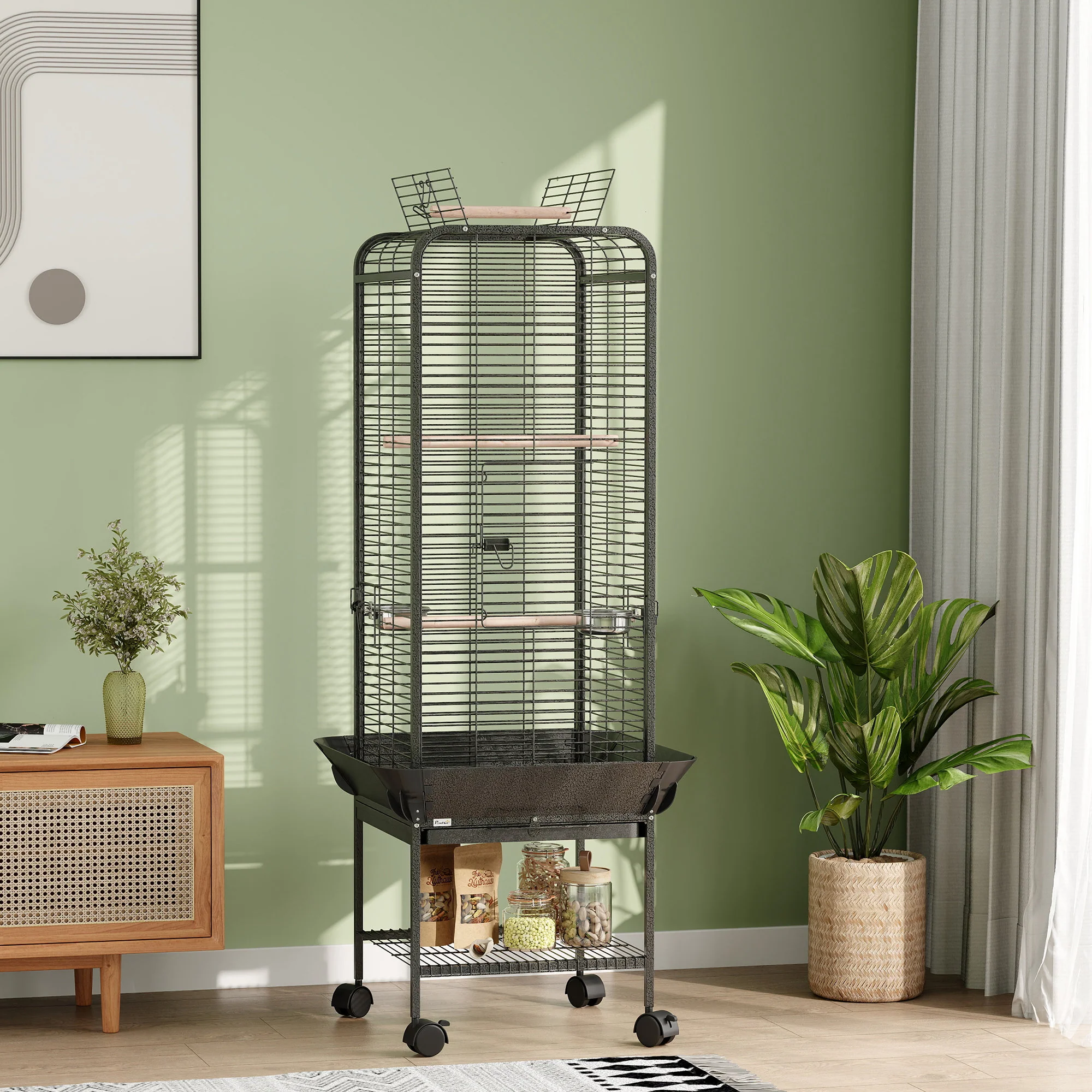 Pawhut Jaula Para Pájaros Con Ruedas Estante 62,5x62,5x146 Cm Gris Oscuro - Image 2
