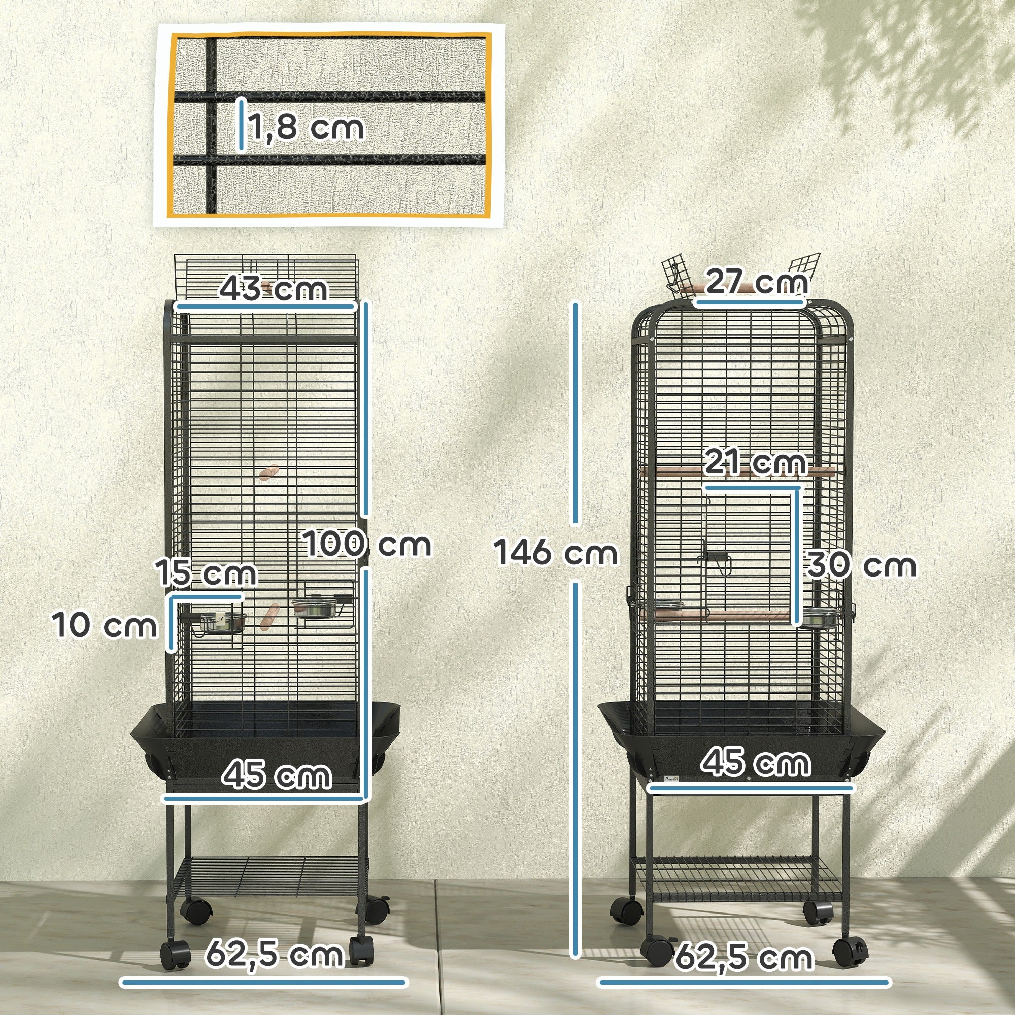 Pawhut Jaula Para Pájaros Con Ruedas Estante 62,5x62,5x146 Cm Gris Oscuro - Image 3