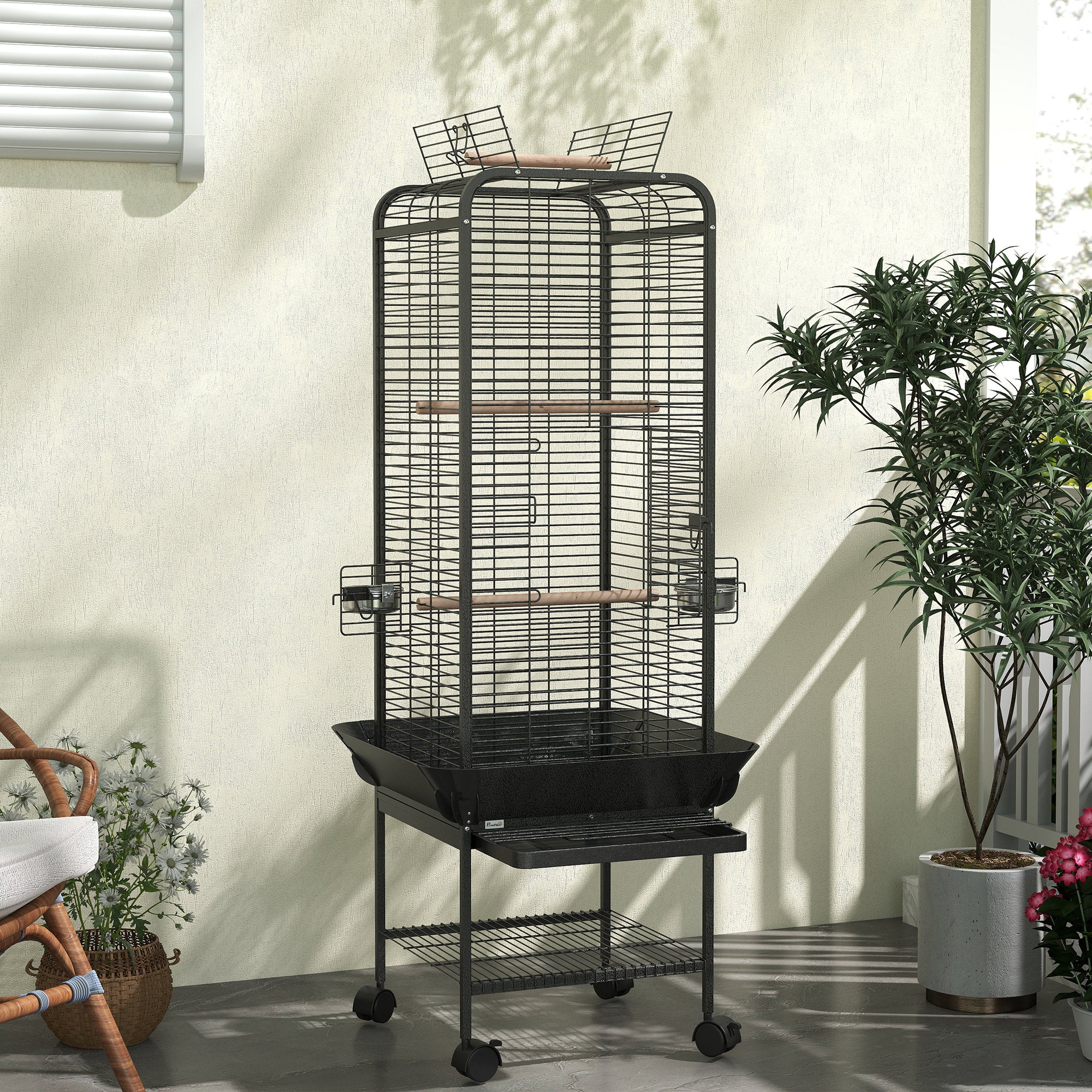 Pawhut Jaula Para Pájaros Con Ruedas Estante 62,5x62,5x146 Cm Gris Oscuro - Image 4