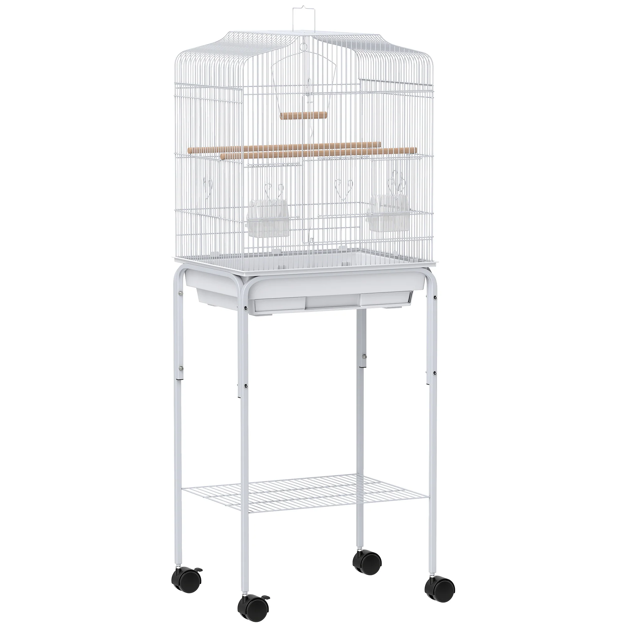 Pawhut Jaula Para Pájaros Con Ruedas Estante Comederos 46,5x36x124 Cm Blanco