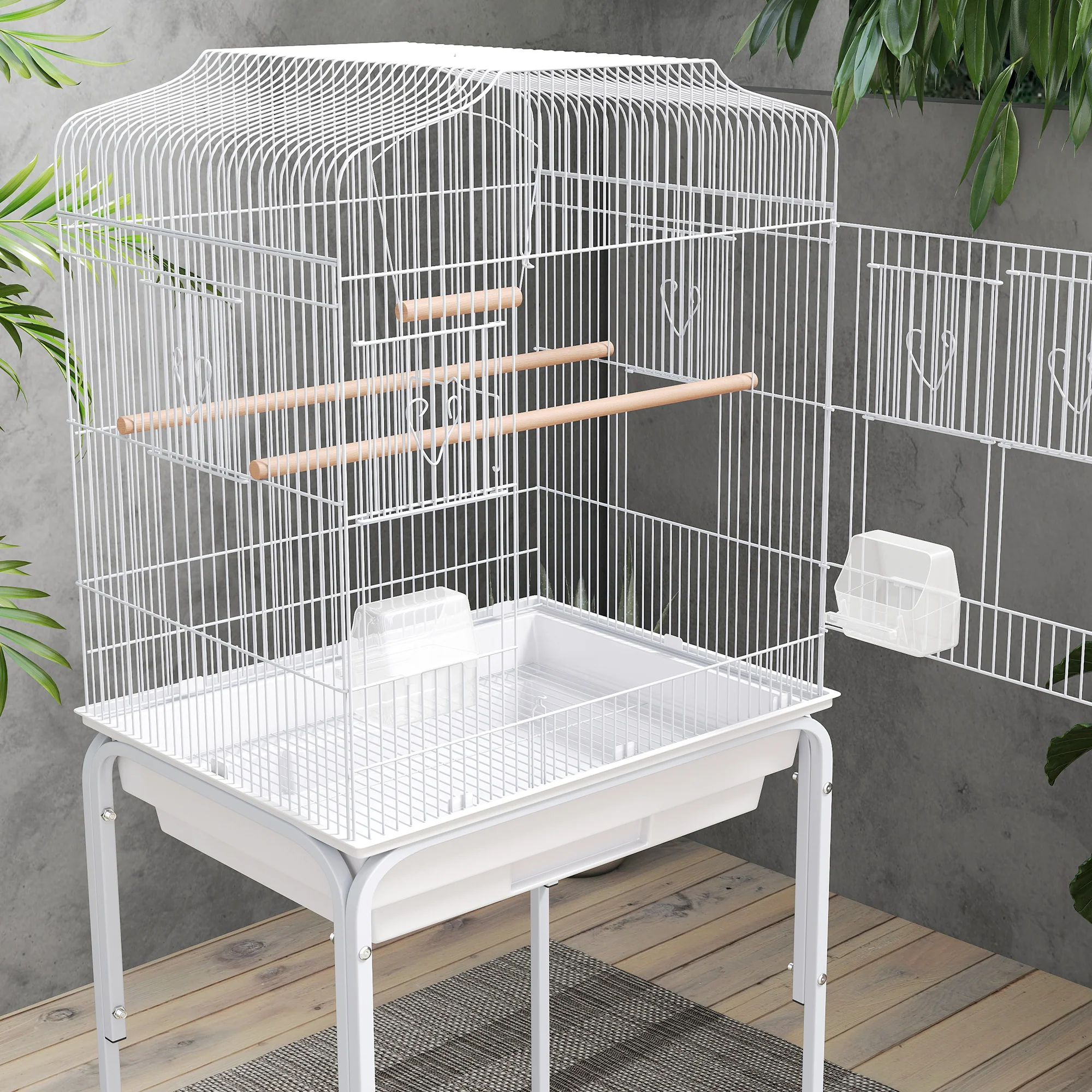 Pawhut Jaula Para Pájaros Con Ruedas Estante Comederos 46,5x36x124 Cm Blanco - Image 4