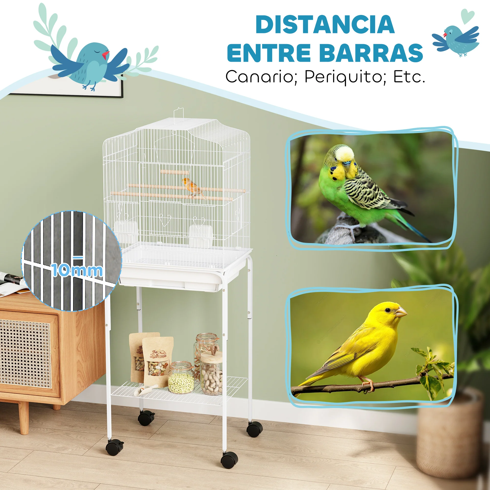 Pawhut Jaula Para Pájaros Con Ruedas Estante Comederos 46,5x36x124 Cm Blanco - Image 6