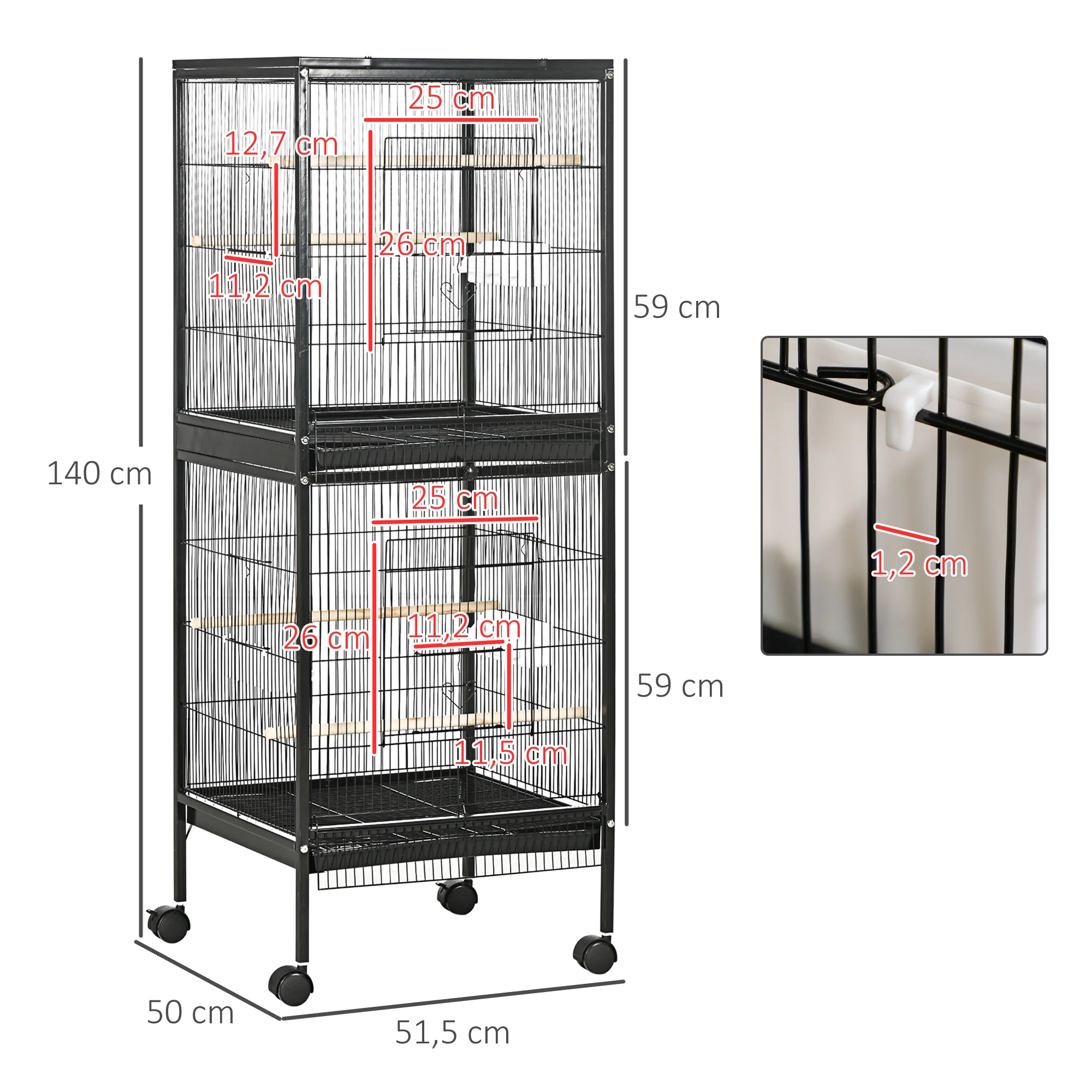 Pawhut Jaula Para Pájaros De 2 Niveles Con Ruedas Bandejas Extraíbles Negro - Image 3