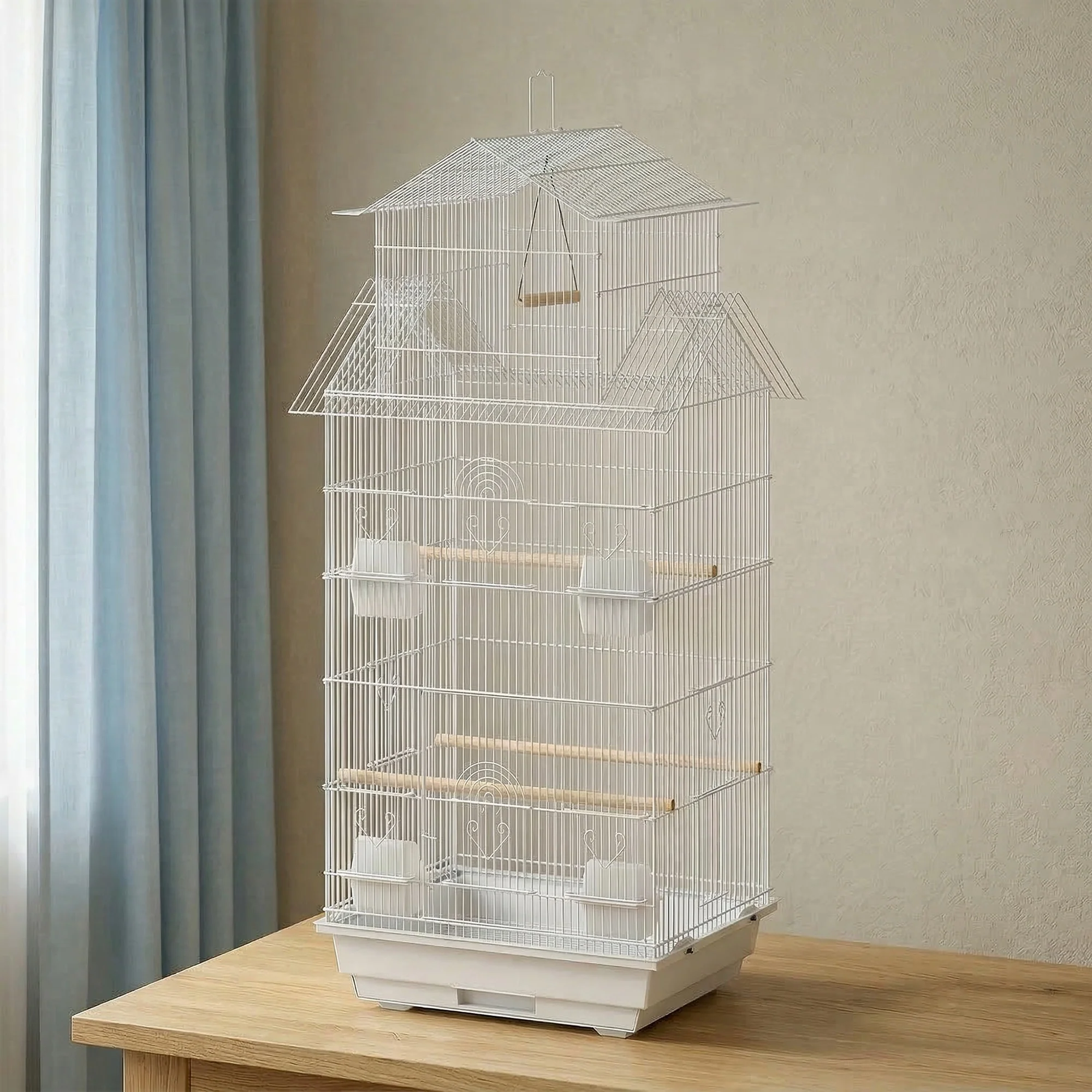 Pawhut Jaula Para Pájaros De Acero Con Comederos Perchas 50,5x41x104 Cm Blanco - Image 2