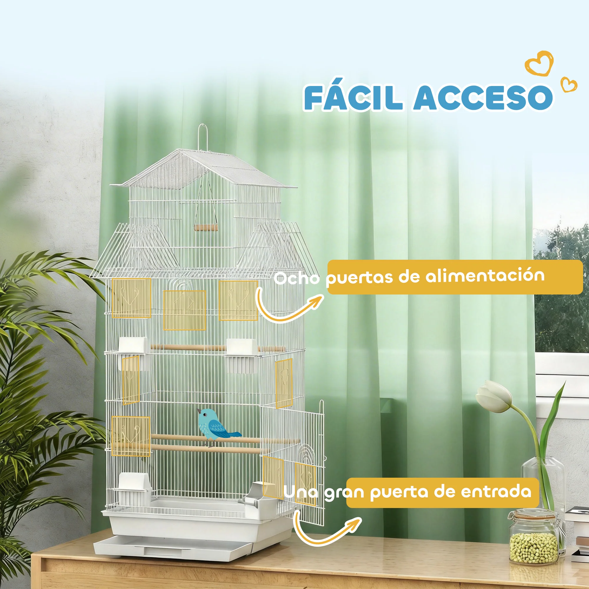 Pawhut Jaula Para Pájaros De Acero Con Comederos Perchas 50,5x41x104 Cm Blanco - Image 6
