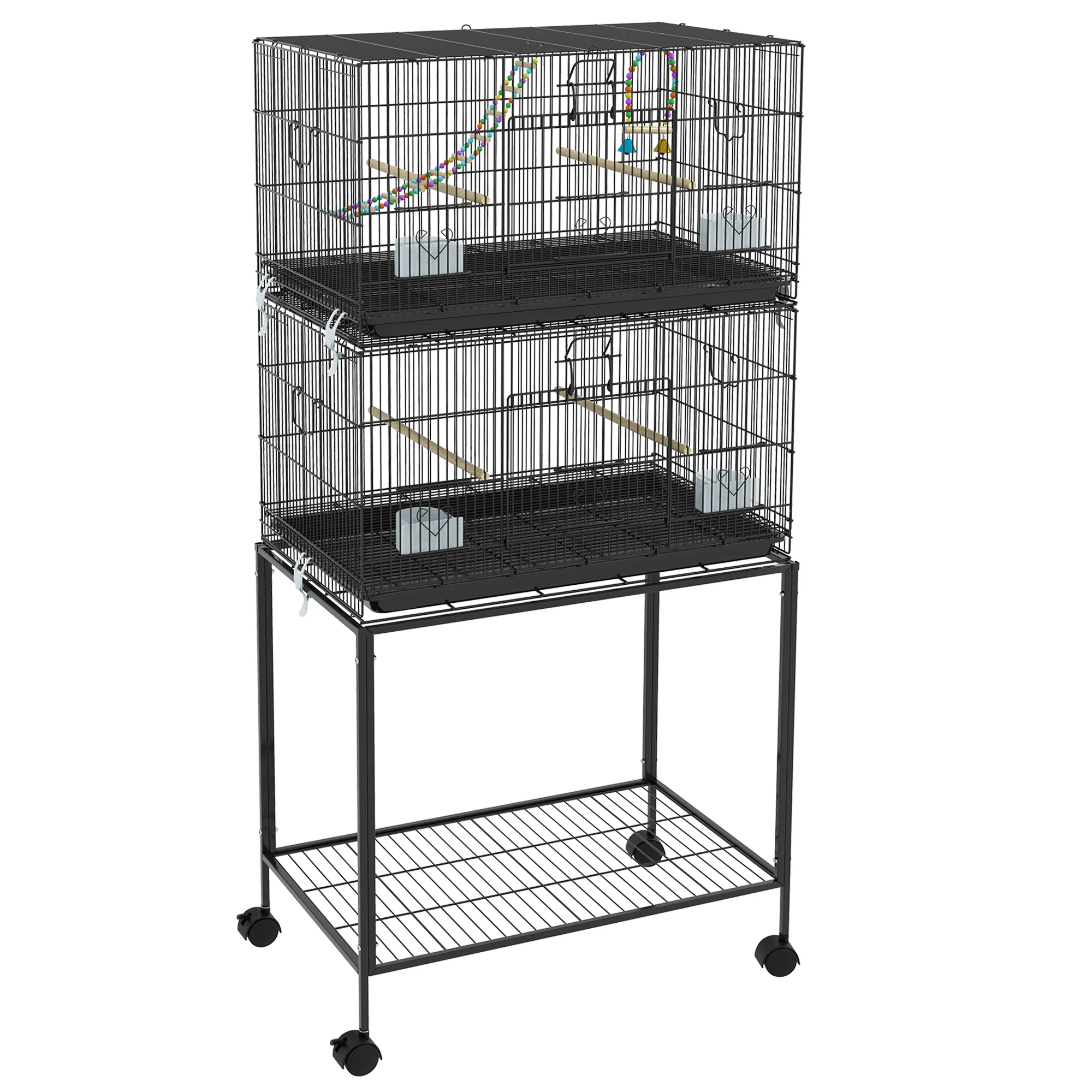 Pawhut Jaula Para Pájaros Doble Apilable 77x46x164 Cm Con Ruedas Negro