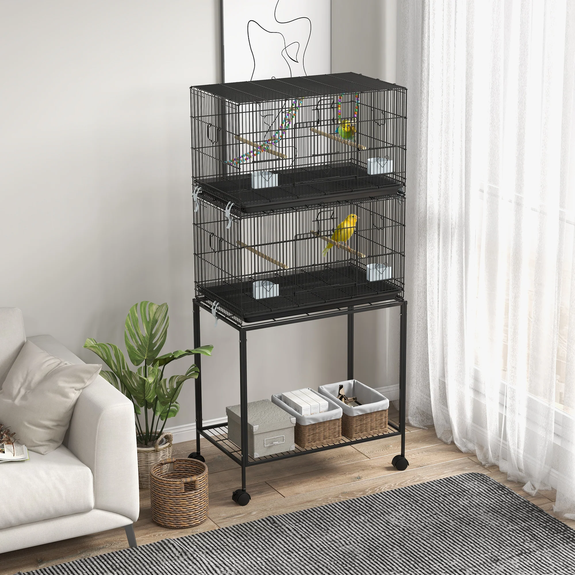 Pawhut Jaula Para Pájaros Doble Apilable 77x46x164 Cm Con Ruedas Negro - Image 2