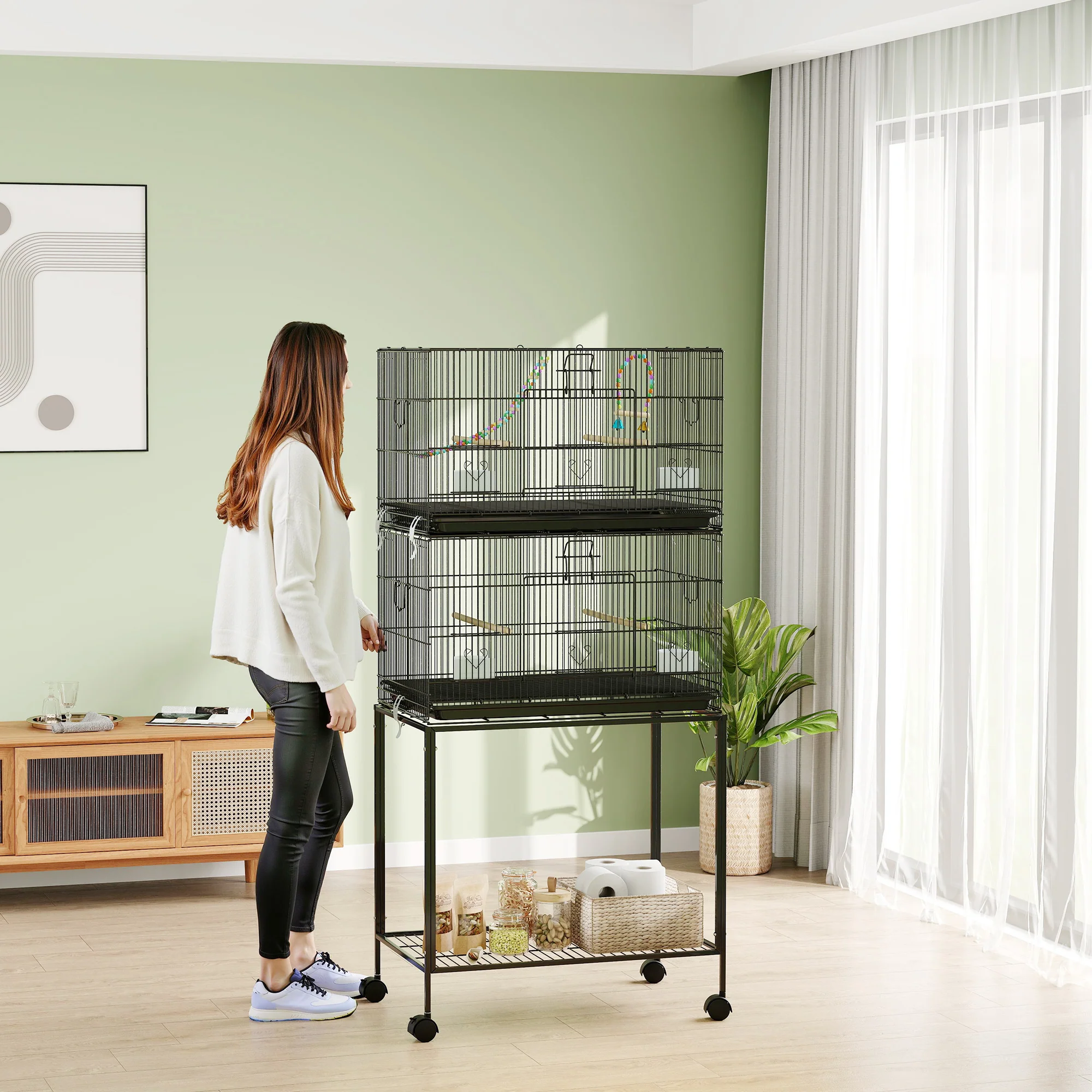 Pawhut Jaula Para Pájaros Doble Apilable 77x46x164 Cm Con Ruedas Negro - Image 5