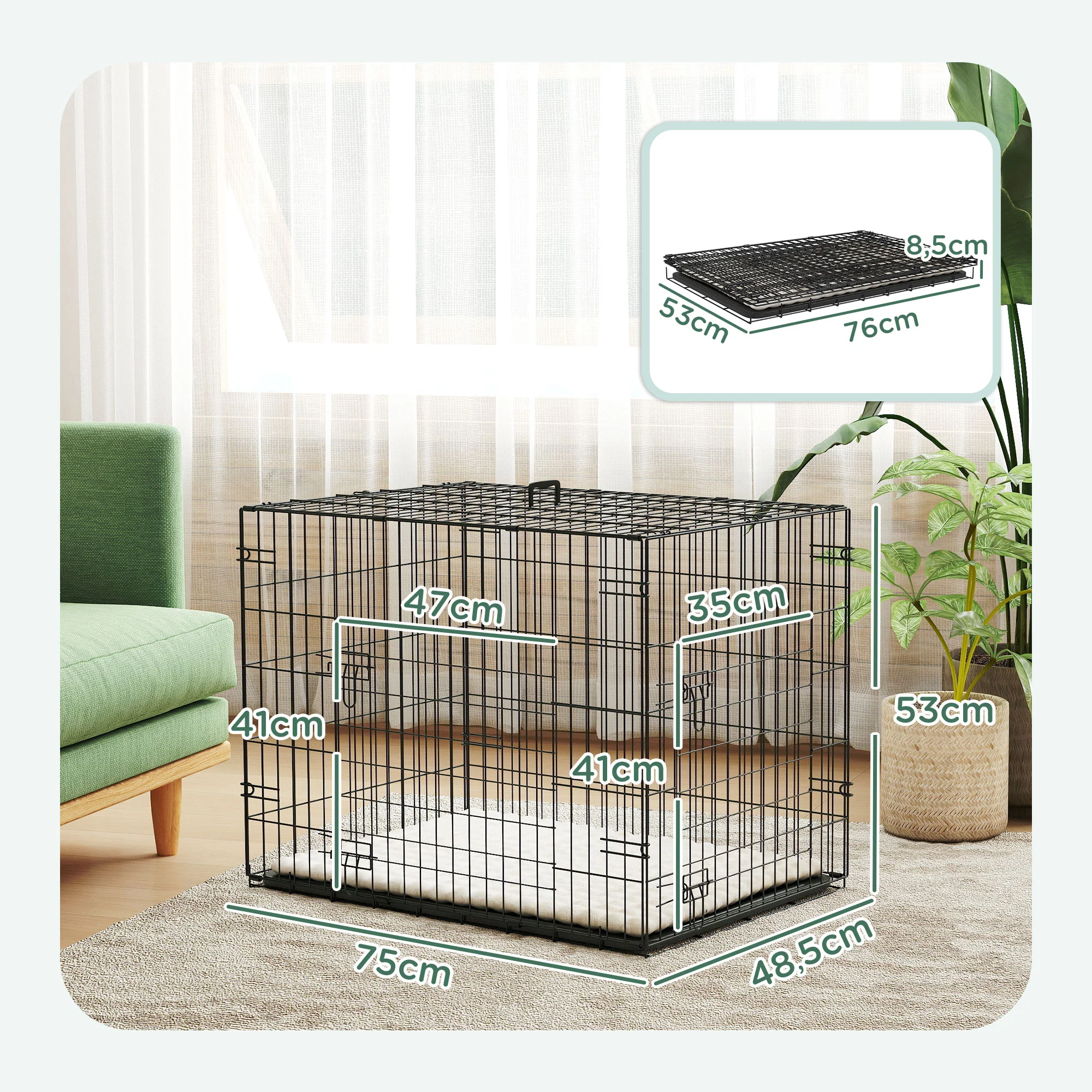 Pawhut Jaula Para Perros Con Cojín Bandeja Extraíble 75x48,5x53 Cm Negro Y Beige - Image 3