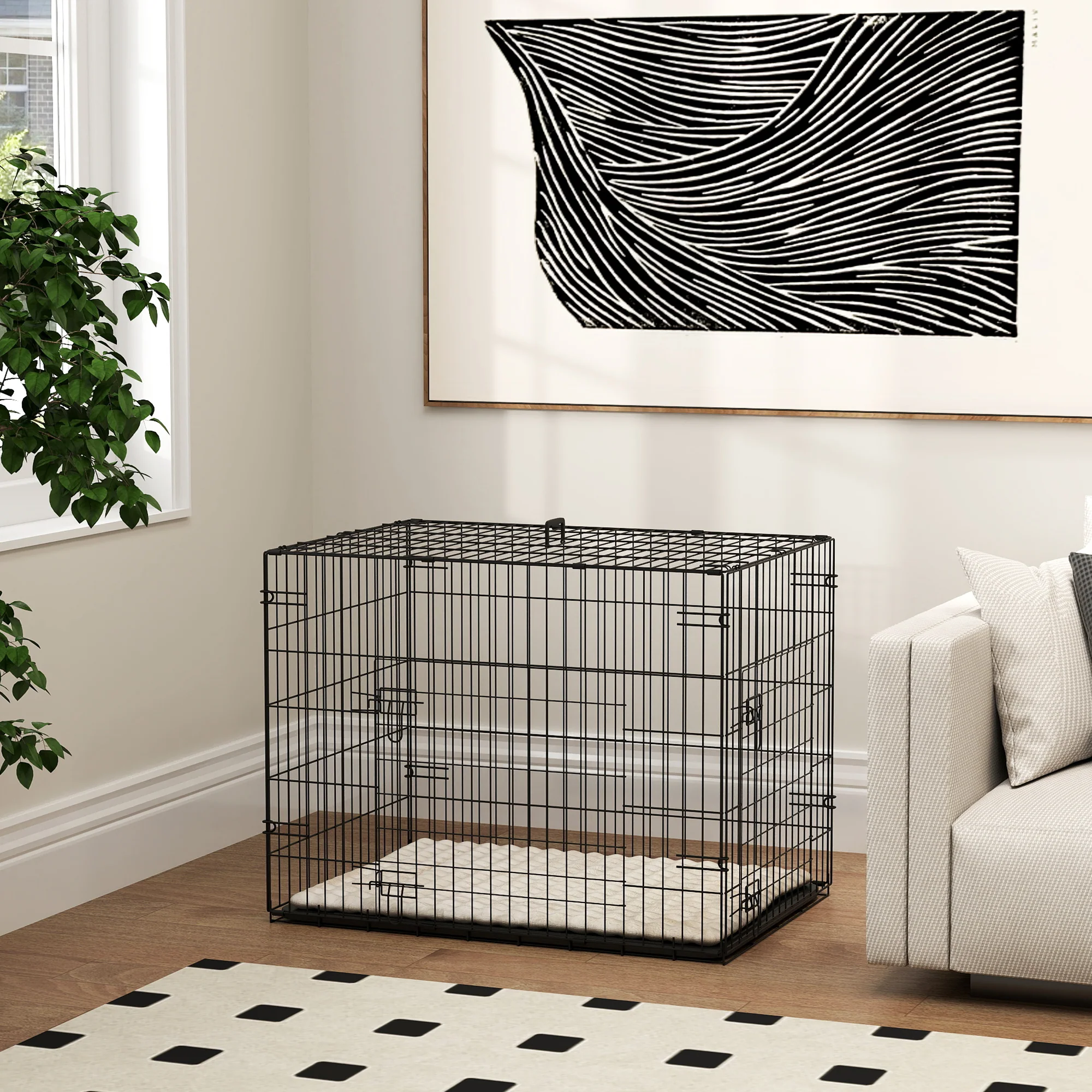 Pawhut Jaula Para Perros Con Cojín Bandeja Extraíble 75x48,5x53 Cm Negro Y Beige - Image 4