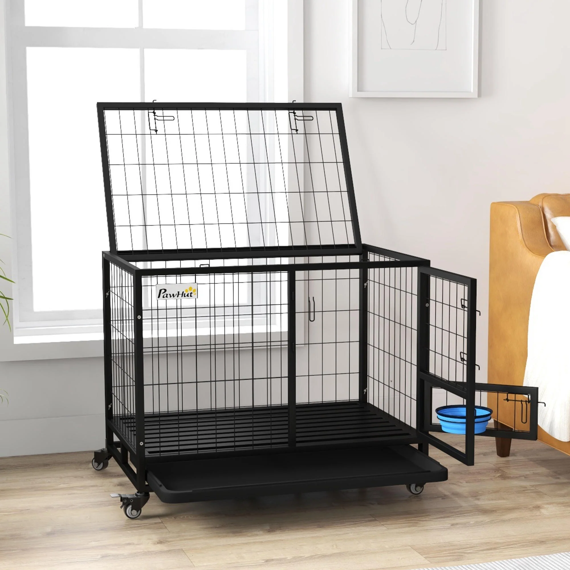 Pawhut Jaula Para Perros Grandes Con Soporte De Cuenco Y Puerta Doble Negro - Image 5