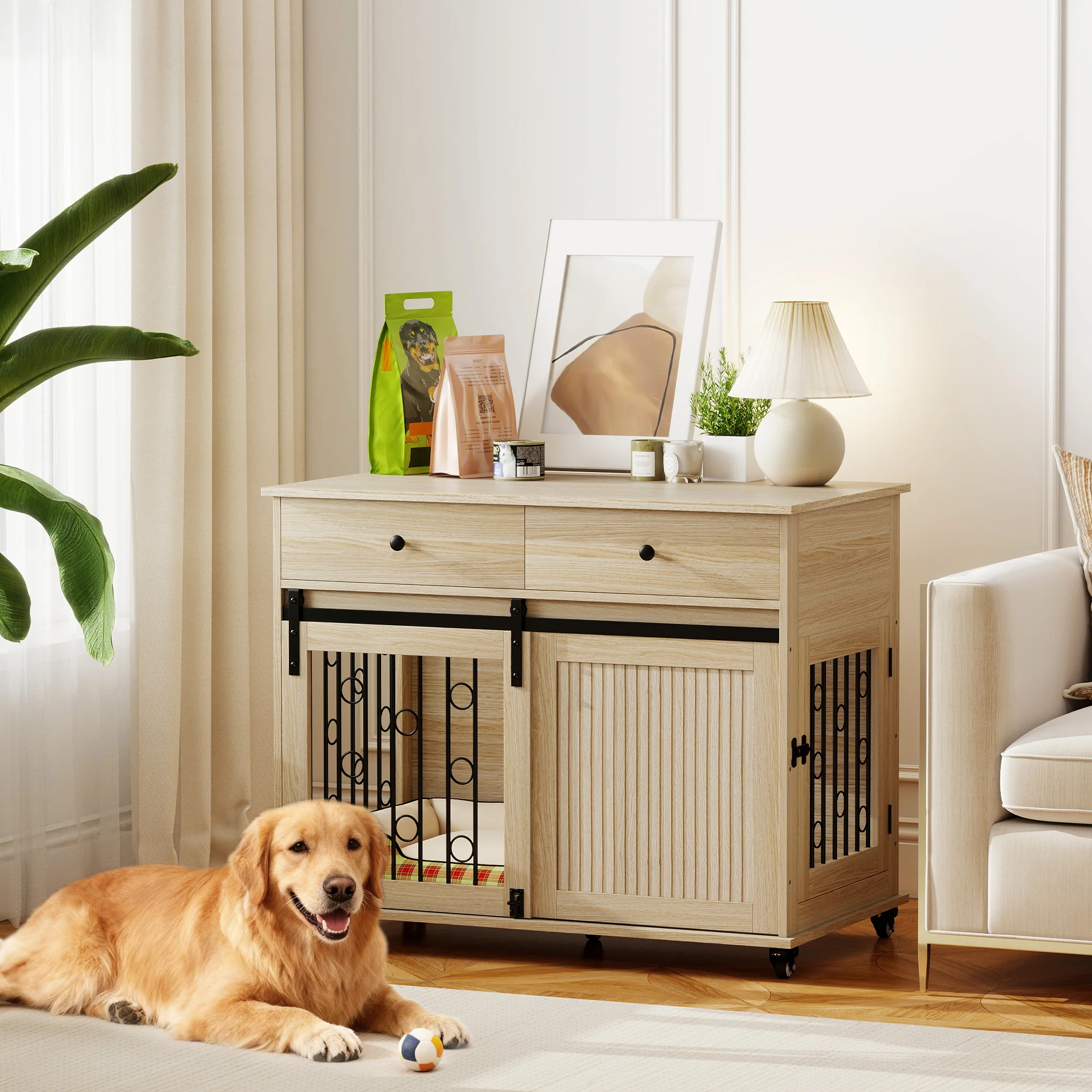 Pawhut Jaula Para Perros Mesa Auxiliar Con 2 Cajones 2 Puertas Y Cierre Roble - Image 2