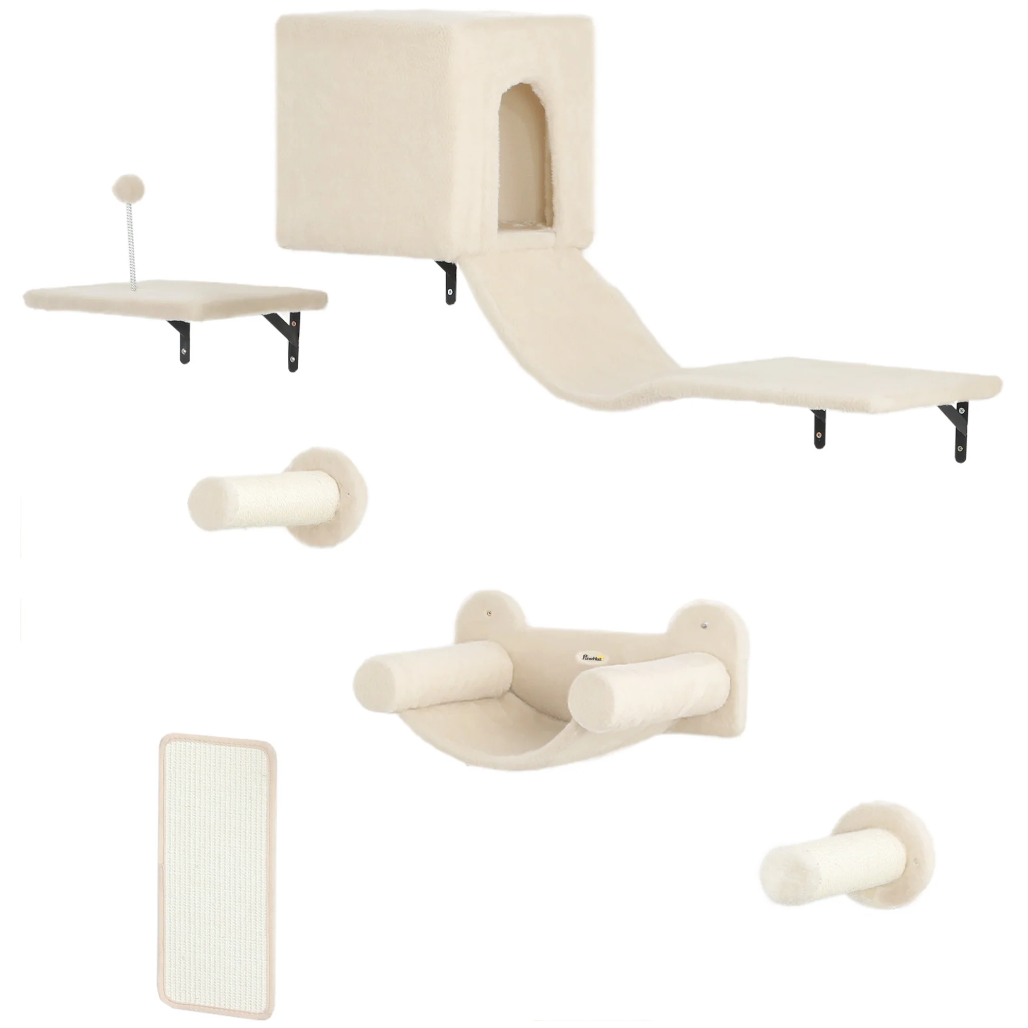 Pawhut Juego De Pared De Escalada Para Gatos 6 Piezas Con Condominio Plataforma