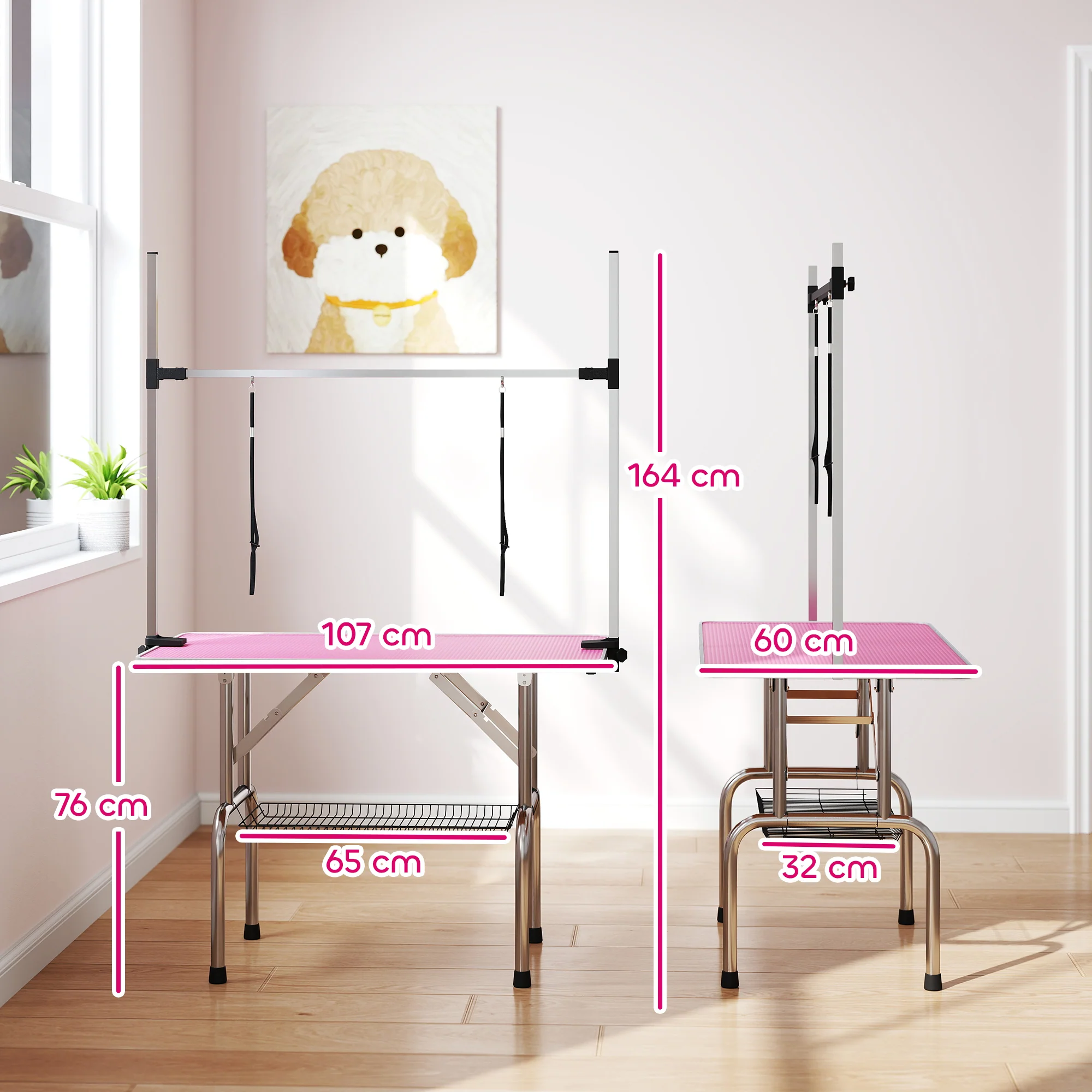 Pawhut Mesa De Peluquería Canina Plegable Con Cesta Metálica 107x60x164 Cm Rosa - Image 3