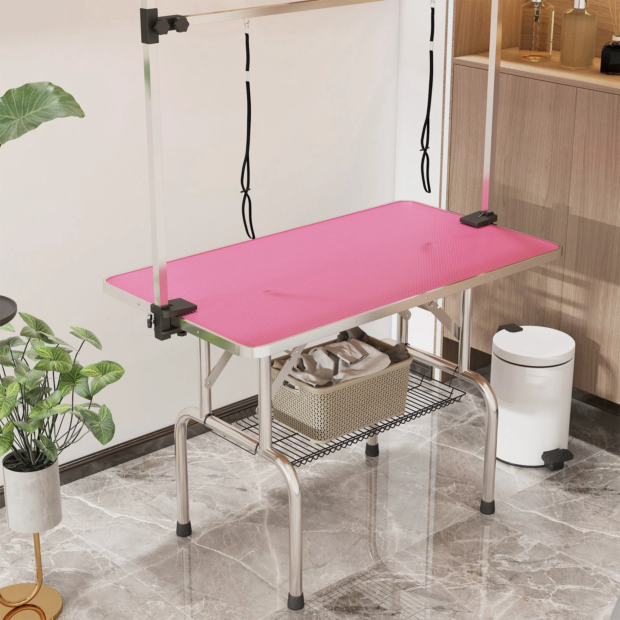 Pawhut Mesa De Peluquería Canina Plegable Con Cesta Metálica 107x60x164 Cm Rosa - Image 4