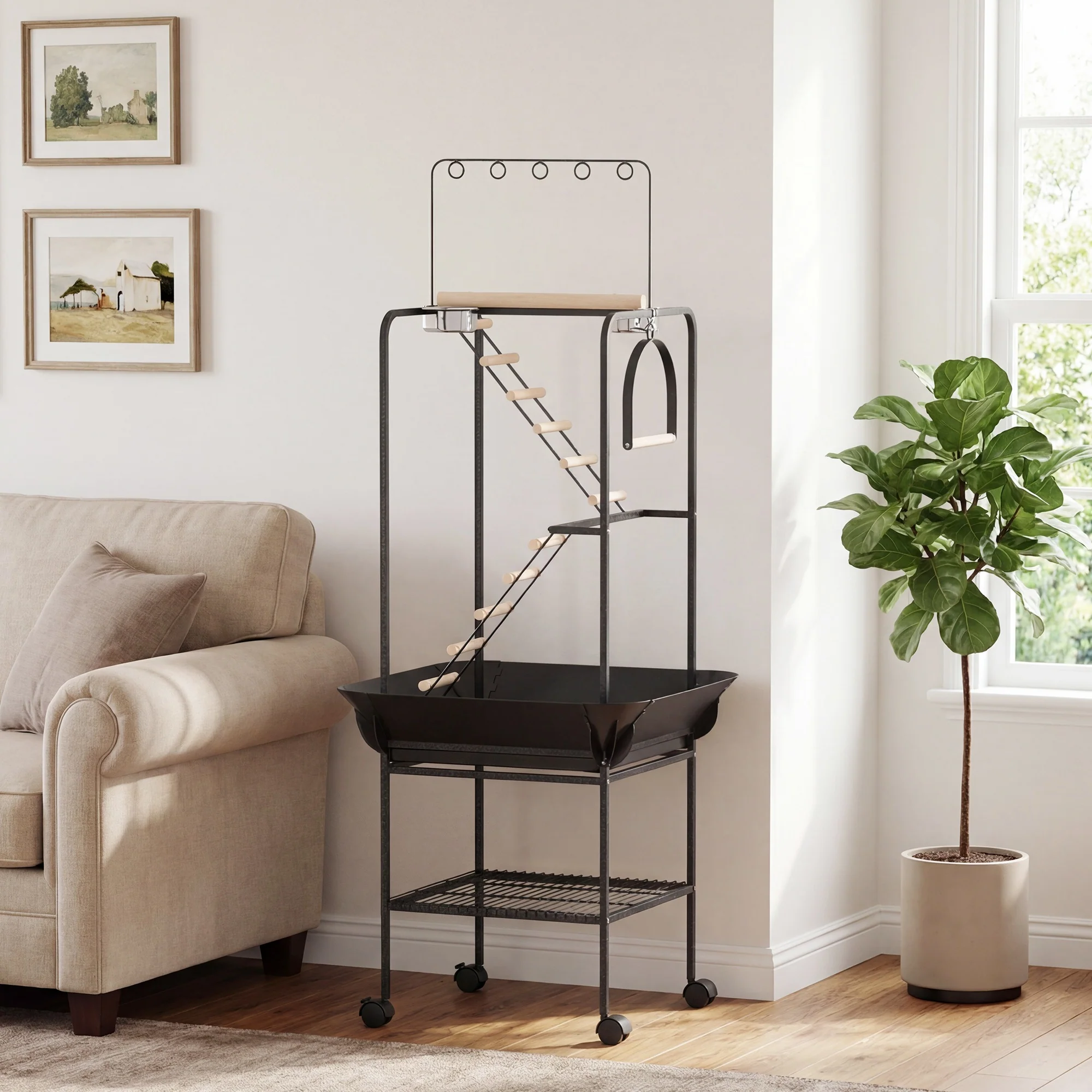 Pawhut Parque De Juegos Para Pájaros Con Ruedas Escaleras Columpio 63x63x163 Cm - Image 2