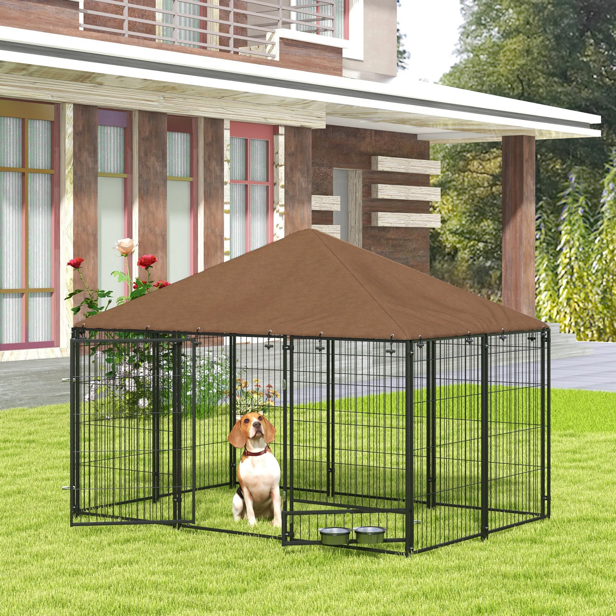 Pawhut Perrera Con Toldo Y 2 Cuencos Para Exterior 211x141x151 Cm Negro - Image 2