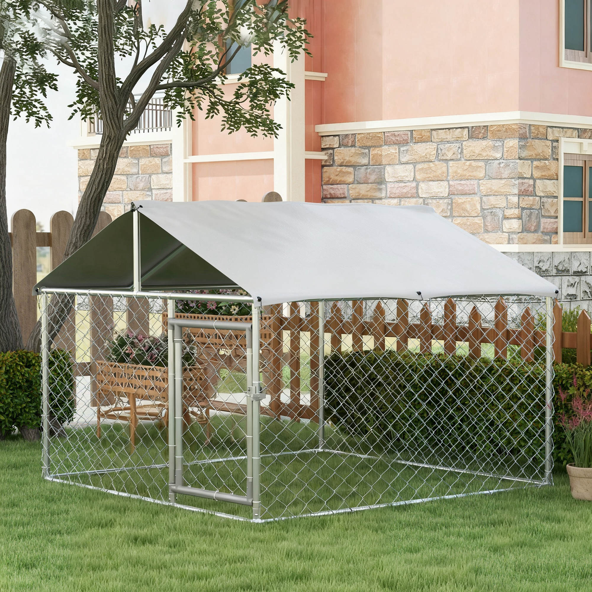 Pawhut Perrera De Acero Con Toldo Impermeable Y Anti-uv 200x200x150 Cm Plata - Image 2