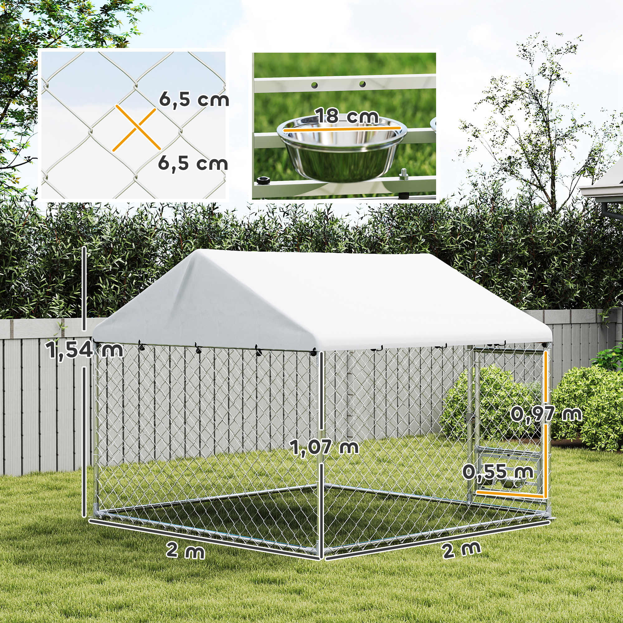 Pawhut Perrera Exterior Con Toldo 2x2x1,55 M Con Techo Impermeable - Image 3