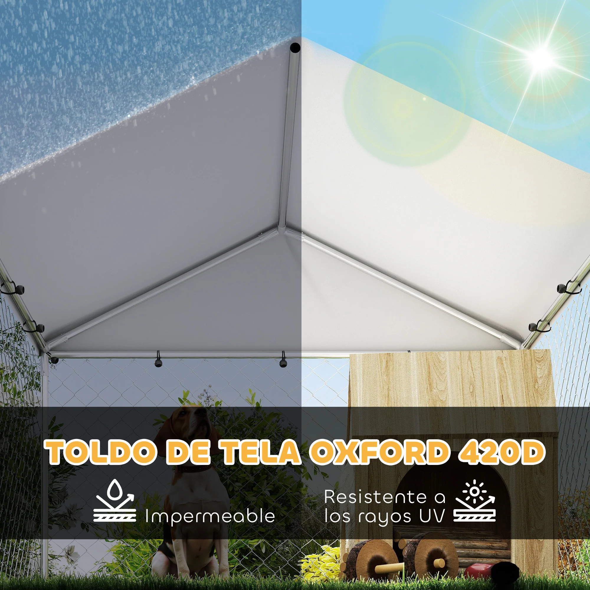 Pawhut Perrera Exterior Con Toldo 2x2x1,55 M Con Techo Impermeable - Image 4