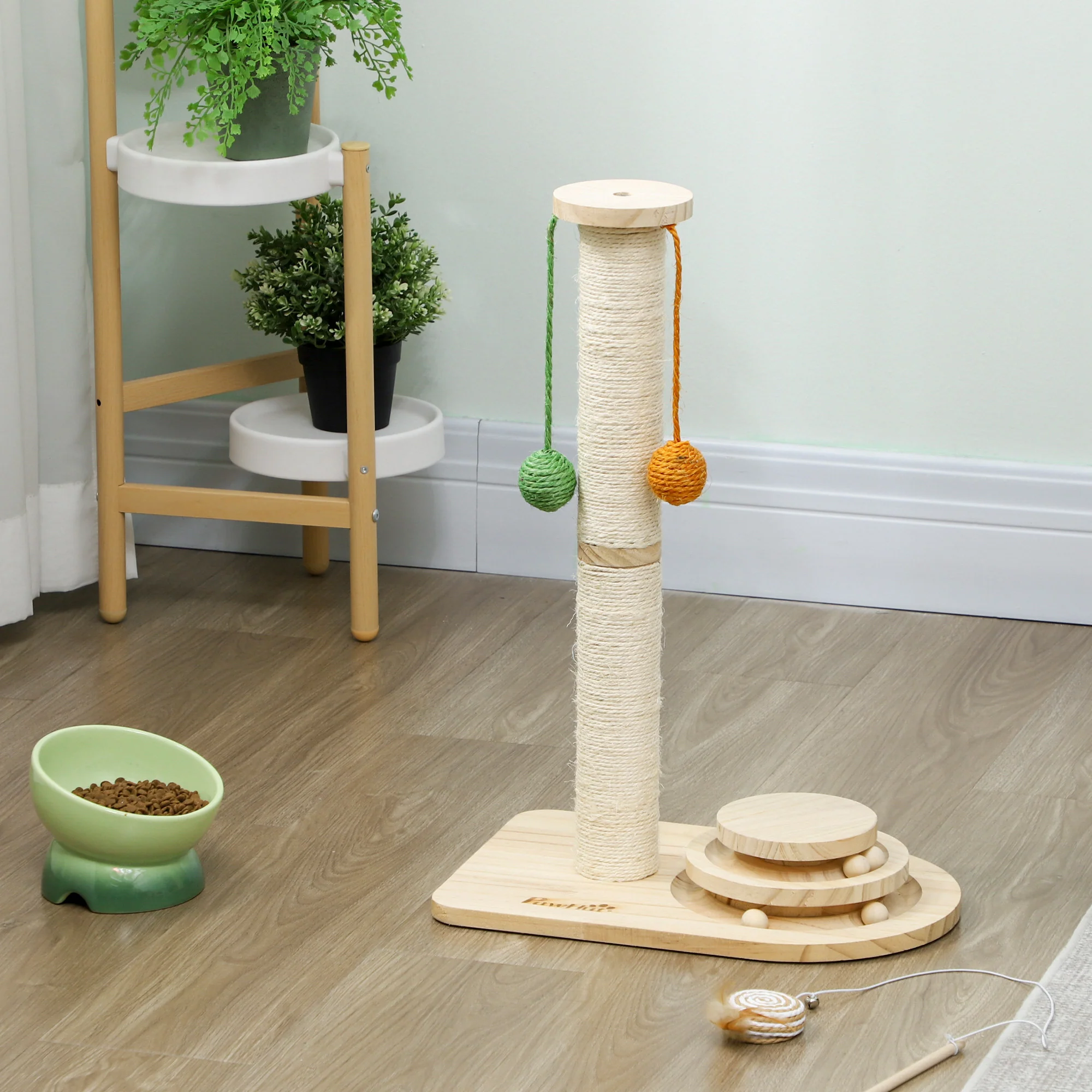 Pawhut Poste Rascador Para Gatos 56,5 Cm Con 3 Bolas Colgantes Madera Natural - Image 2