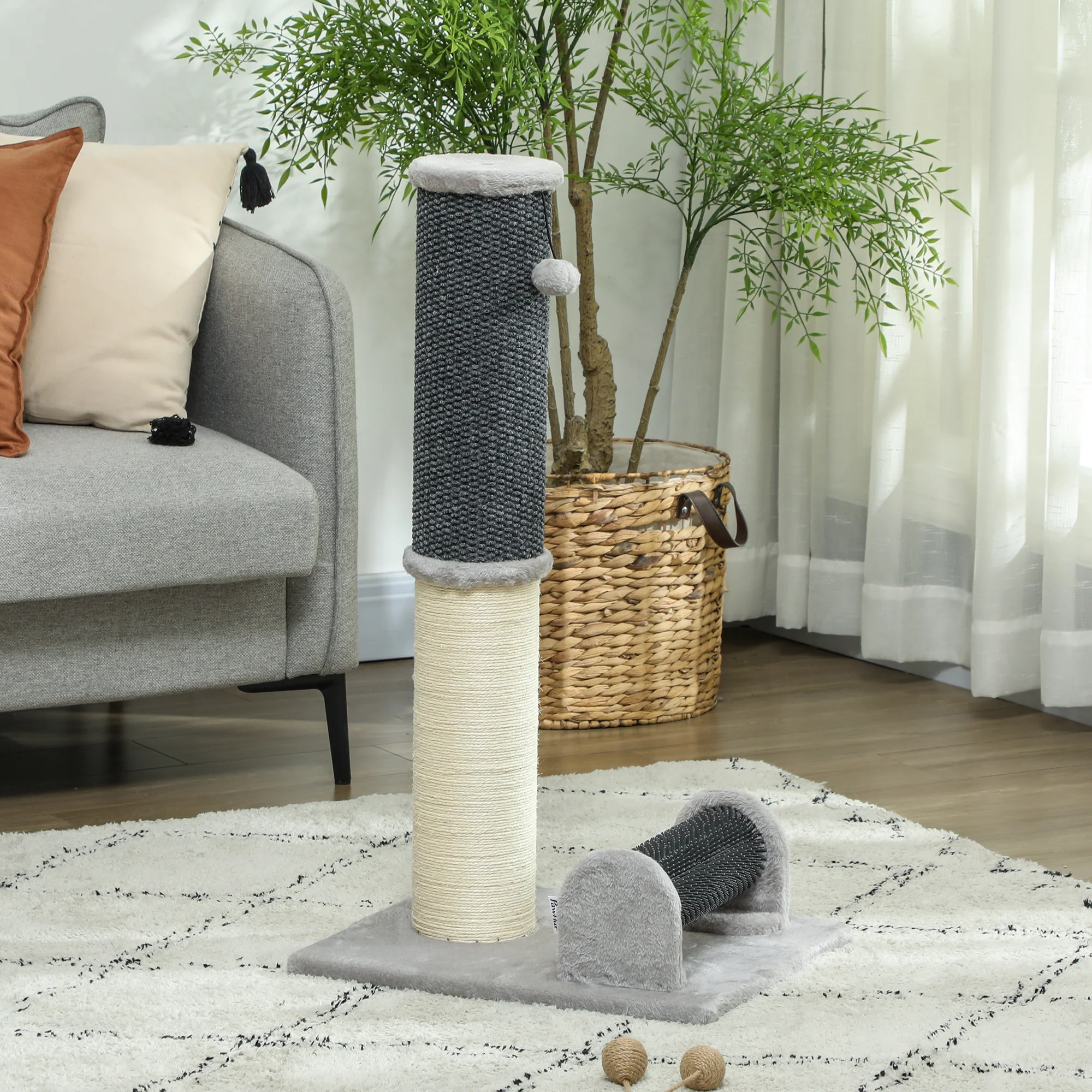 Pawhut Poste Rascador Para Gatos 85 Cm Con Cepillo De Auto Acicalado Gris Crema - Image 2