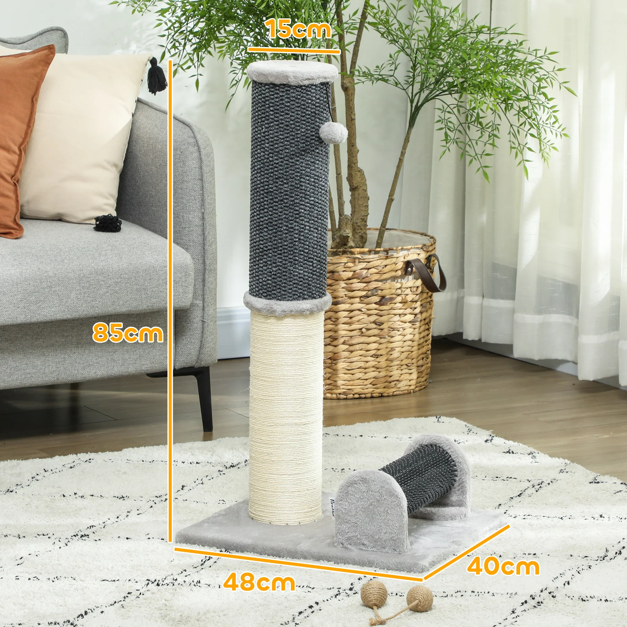 Pawhut Poste Rascador Para Gatos 85 Cm Con Cepillo De Auto Acicalado Gris Crema - Image 3