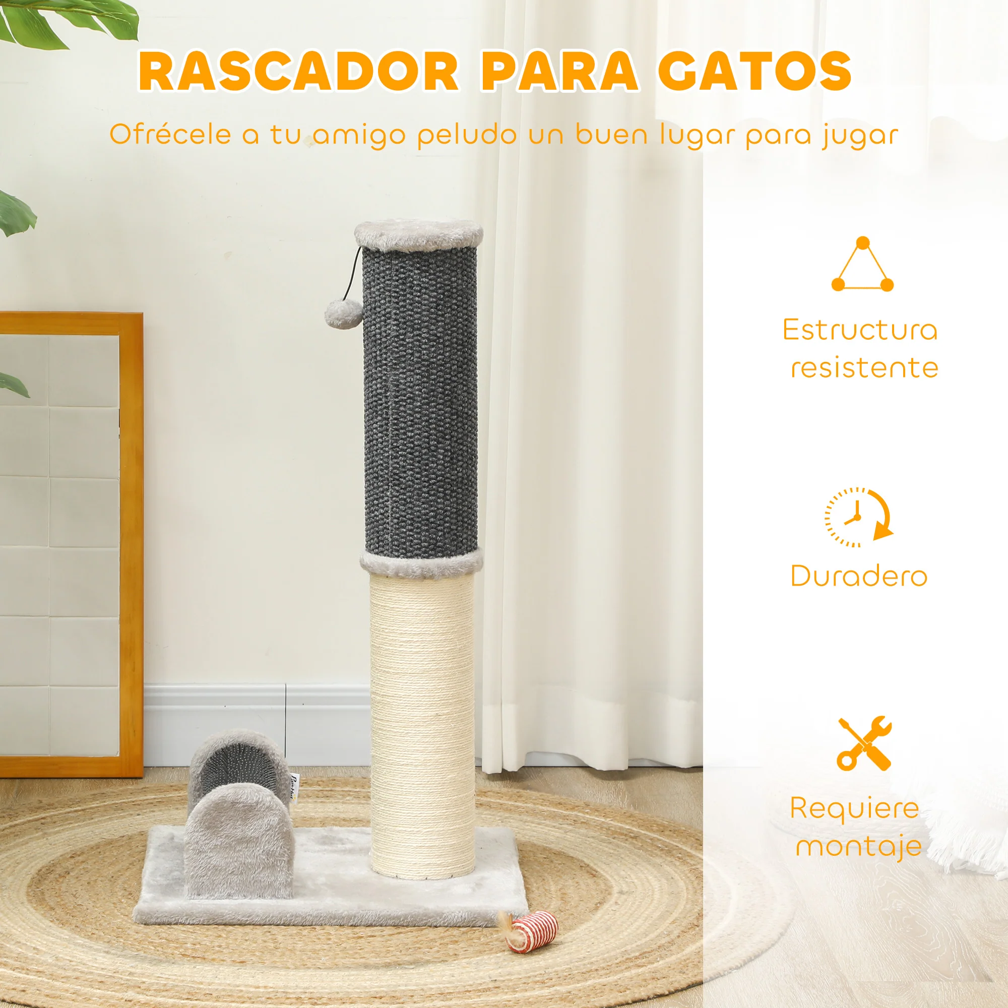 Pawhut Poste Rascador Para Gatos 85 Cm Con Cepillo De Auto Acicalado Gris Crema - Image 6