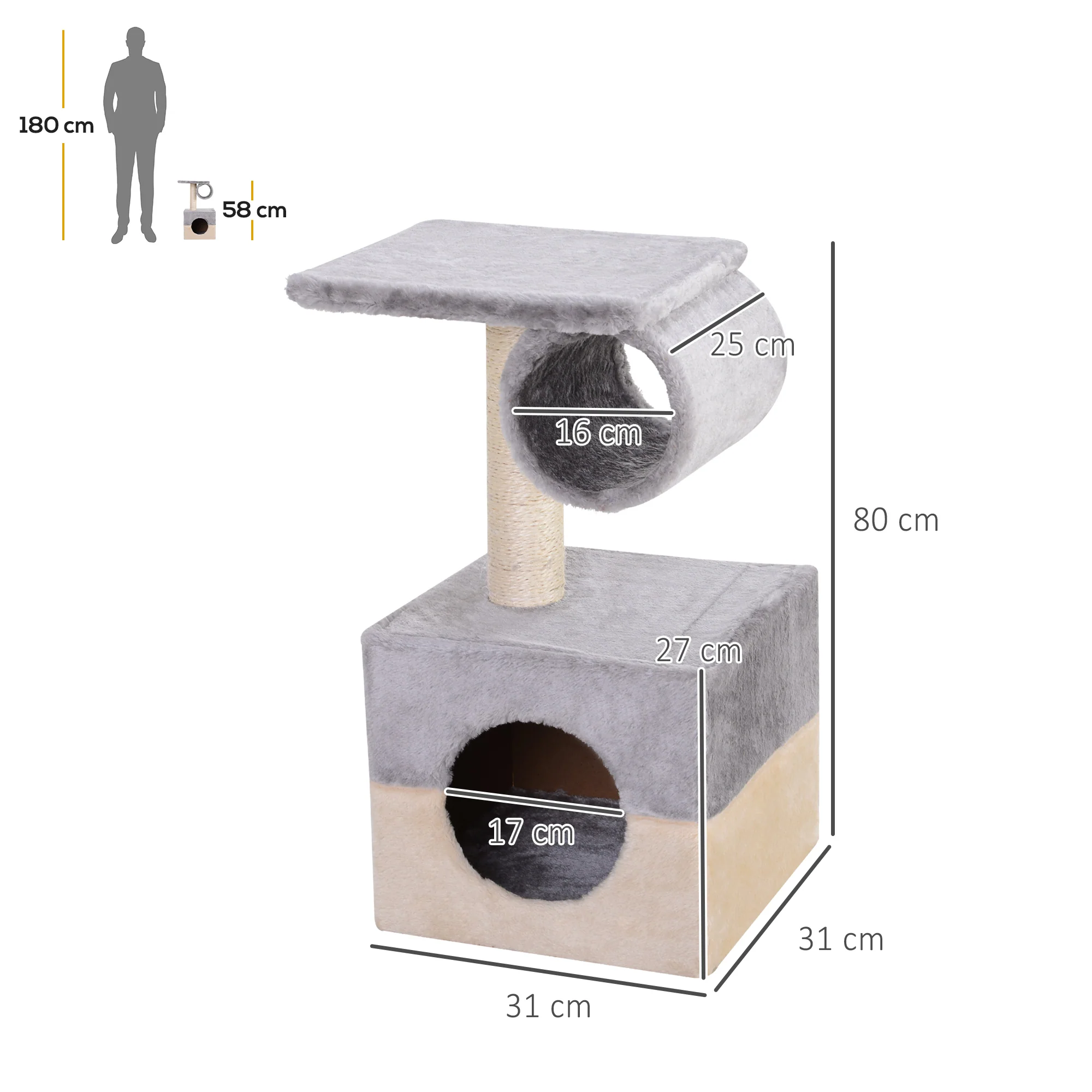 Pawhut Rascador Árbol Para Gatos 31x31x58 Cm Con Poste Central Cama De Felpa - Image 3