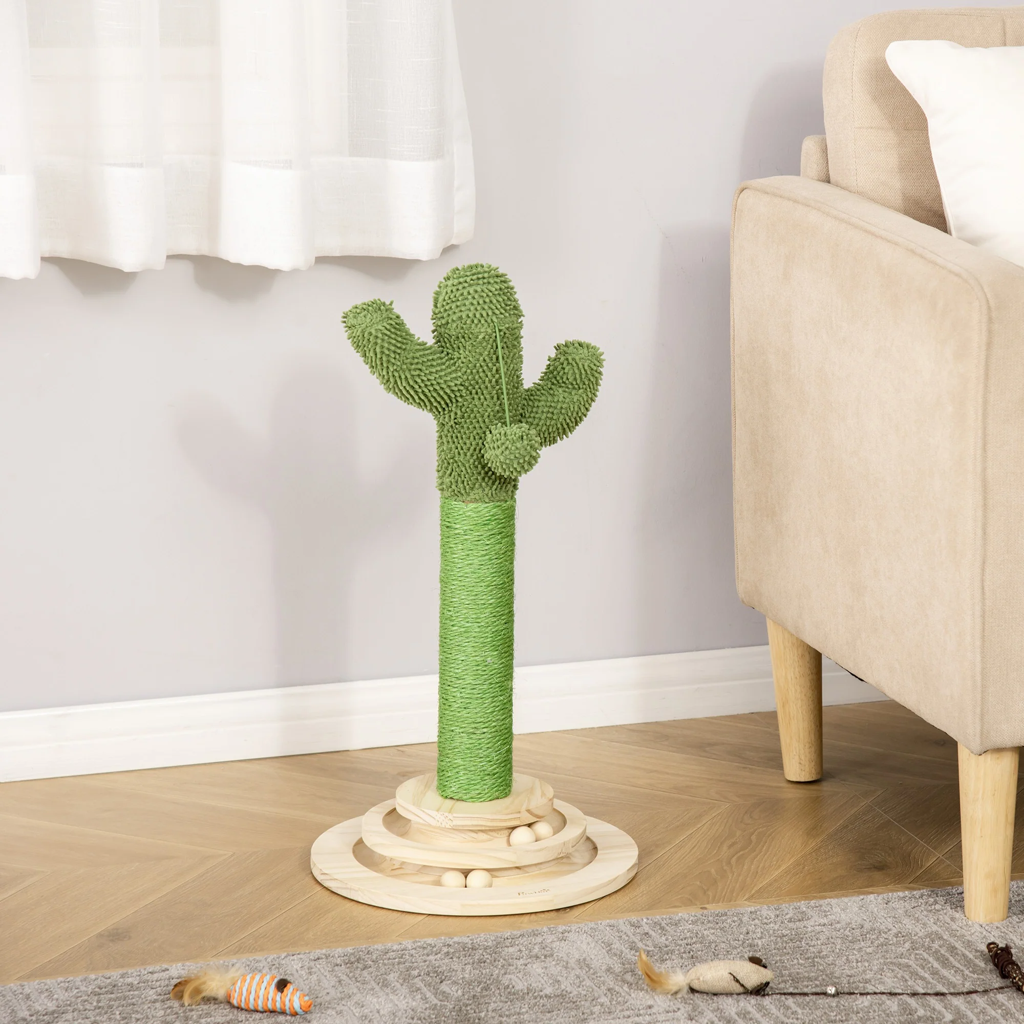 Pawhut Rascador Cactus Para Gatos Con Bola Colgante Y Juego En La Base De Madera - Image 2