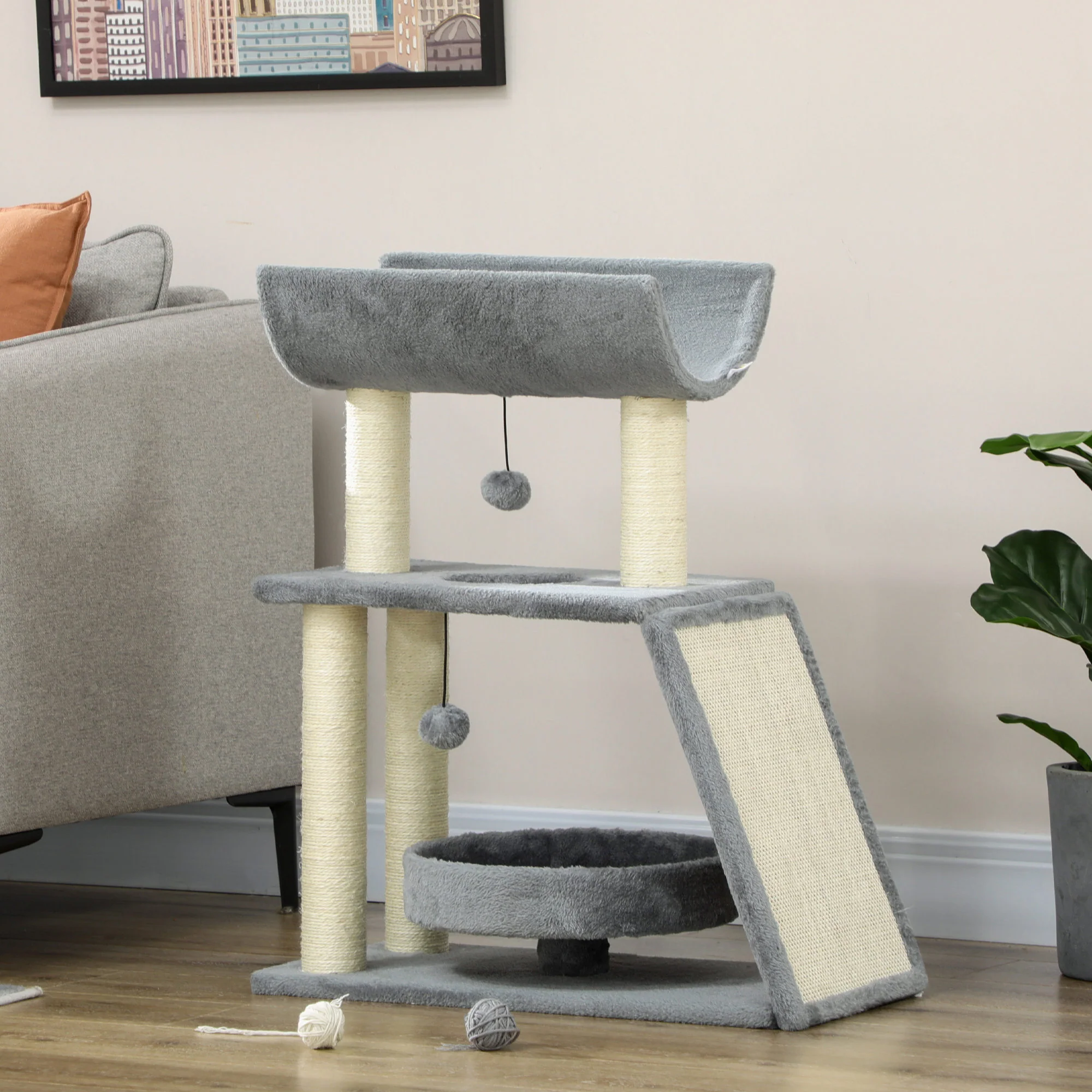 Pawhut Rascador Para Gatos Altura 76 Cm Con Plataforma En U Gris Claro - Image 2